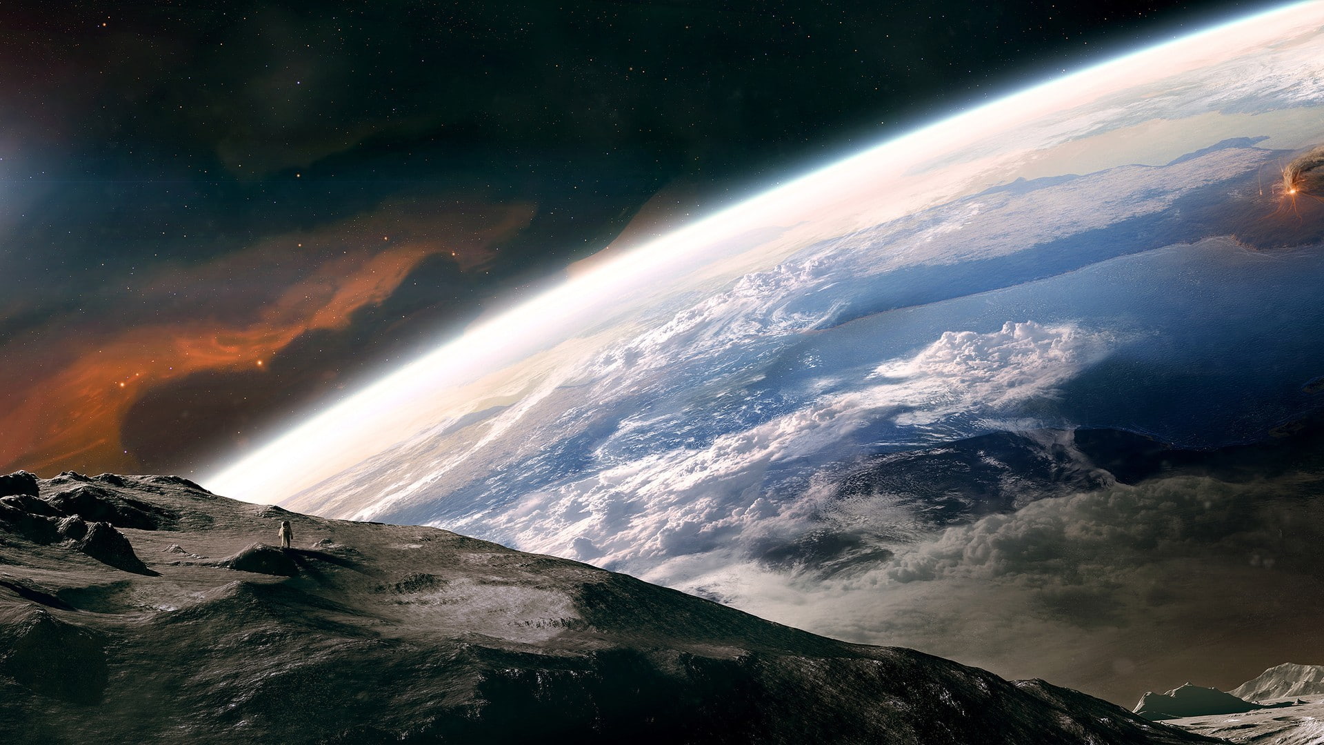 continents, spaceman, clouds, planet, universe, Earth, atmosphere, artwork, space art, 1080P, digital art, nebula, astronaut, space, photo manipulation, HD Wallpaper