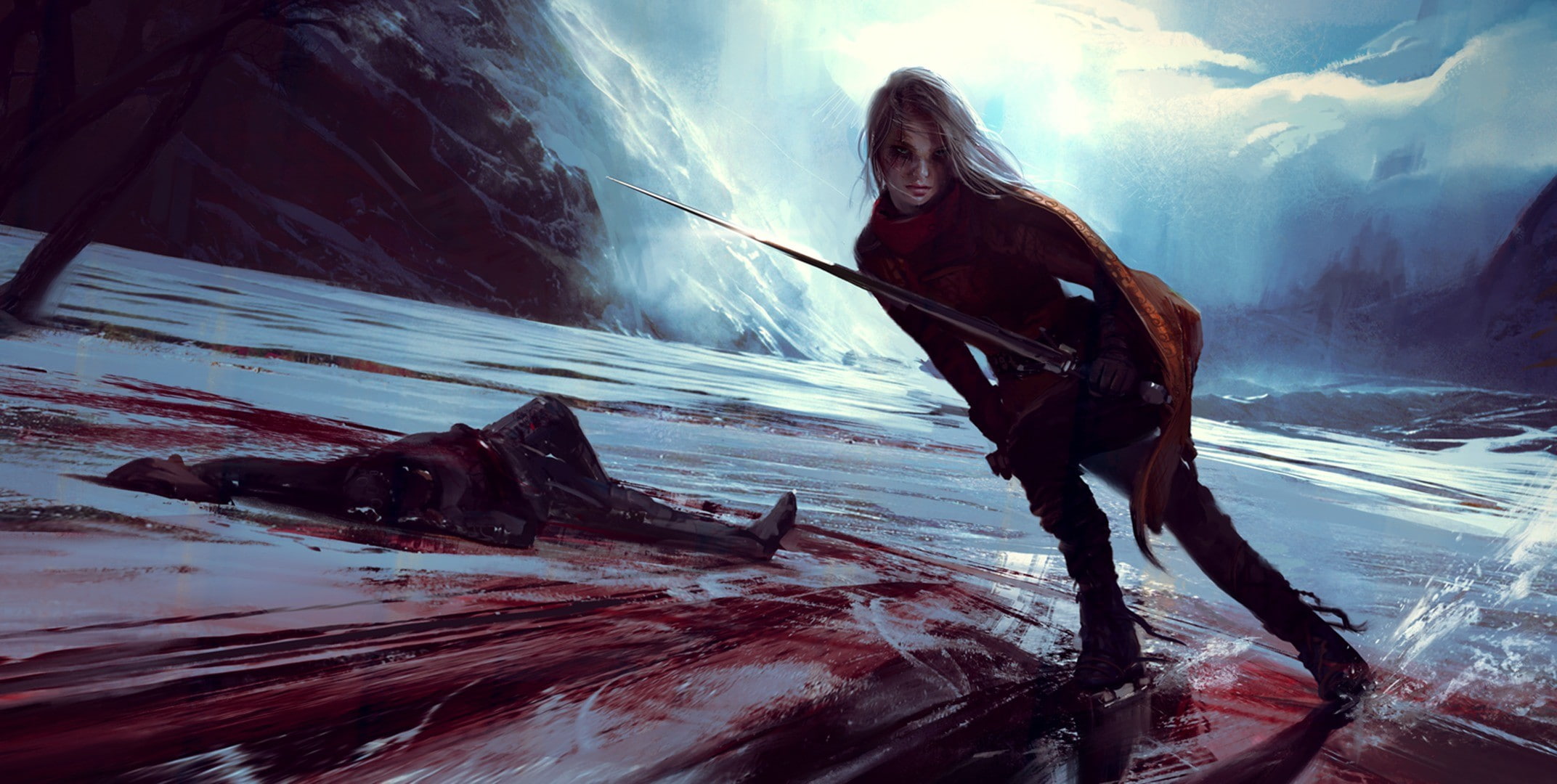 blood, 1080P, woman, 2144x1080, fantasy, dead, HD Wallpaper