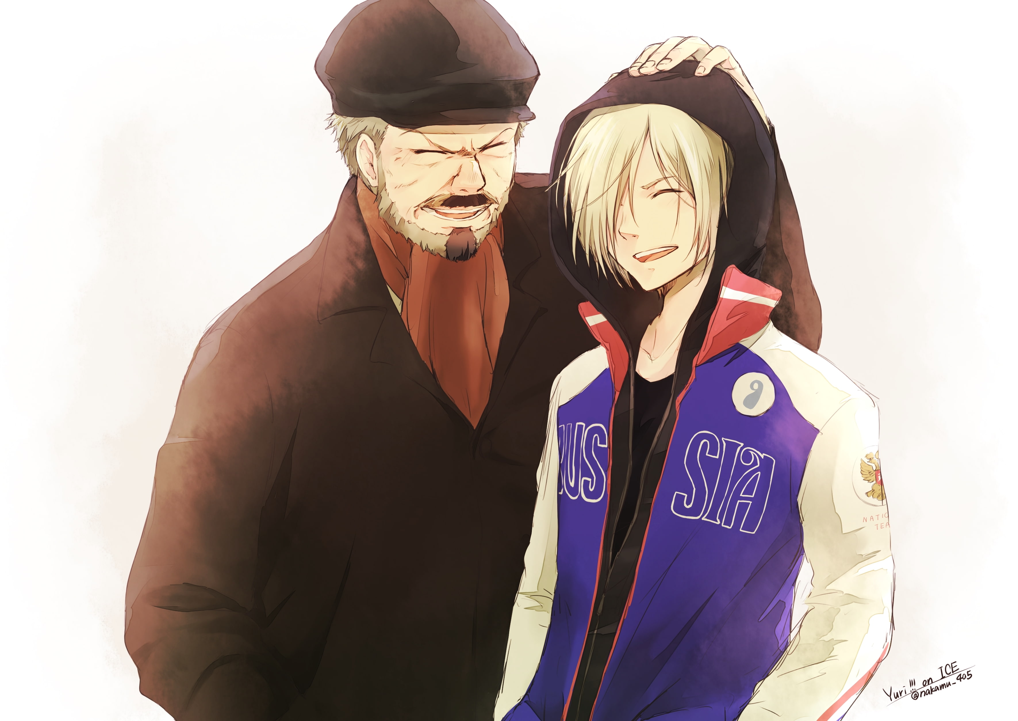 clothing, white background, portrait, togetherness, front view, obscured face, men, two people, plisetsky yuri, males, indoors, 2K, plisetsky kolya, Anime, HD Wallpaper