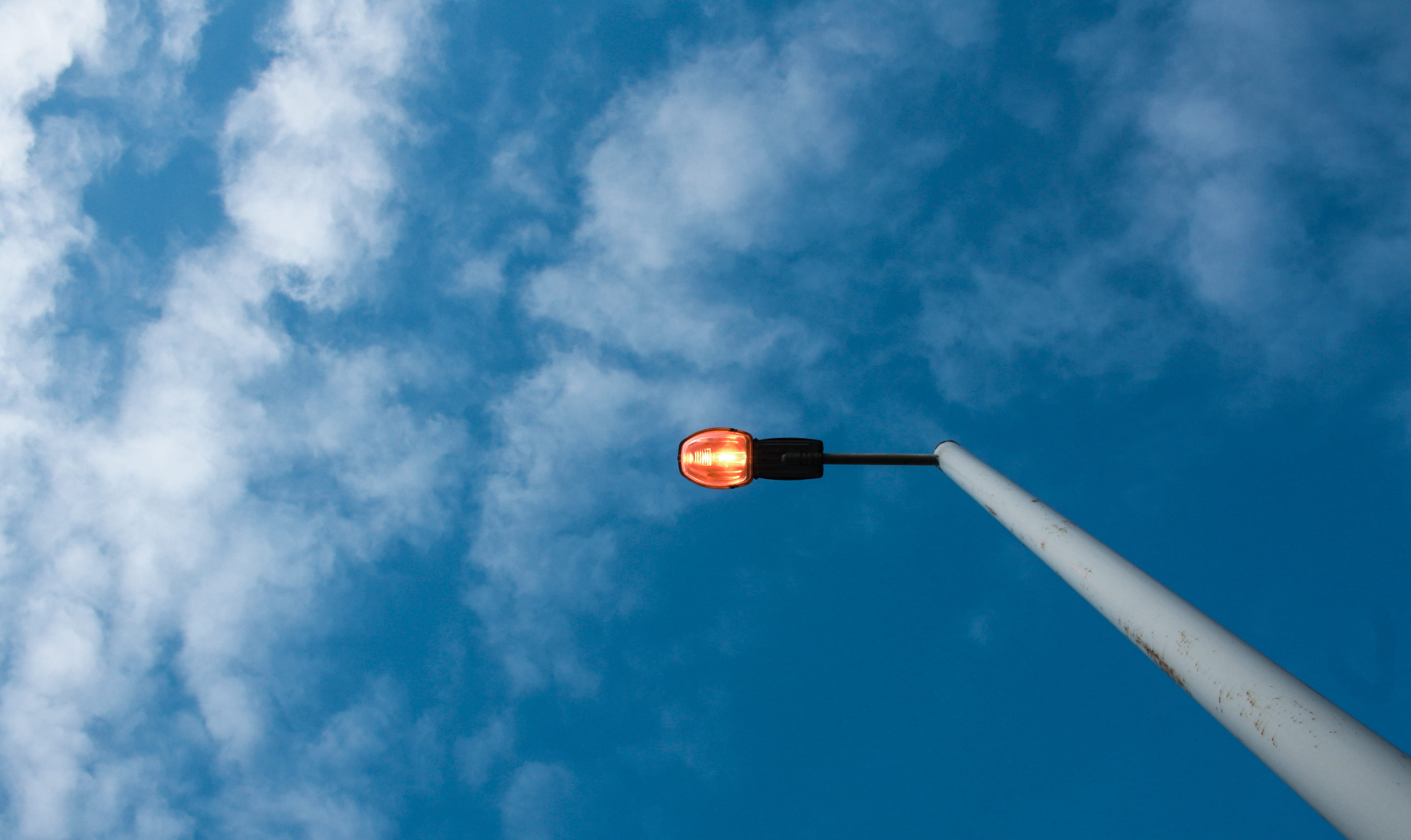 environment, cloud - sky, summer, electric lamp, bright, single object, directly below, day, blue sky, outdoors, technology, low angle view, lit, street light, HD Wallpaper
