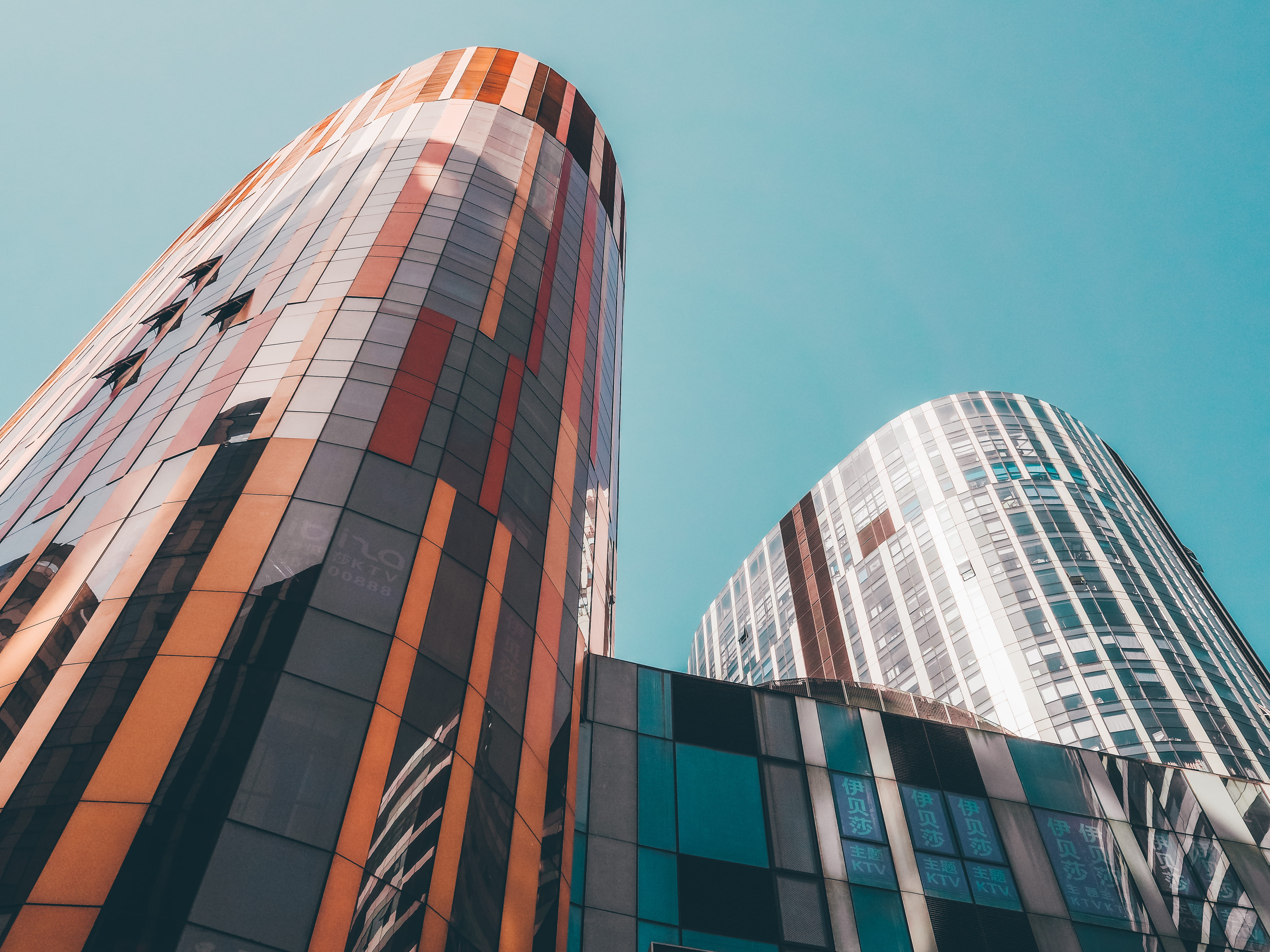 urban, no people, office, china, worm, eye, abstract, building exterior, modern design, nature, 三里屯, outdoors, tall - high, clear sky, glass - material, HD Wallpaper