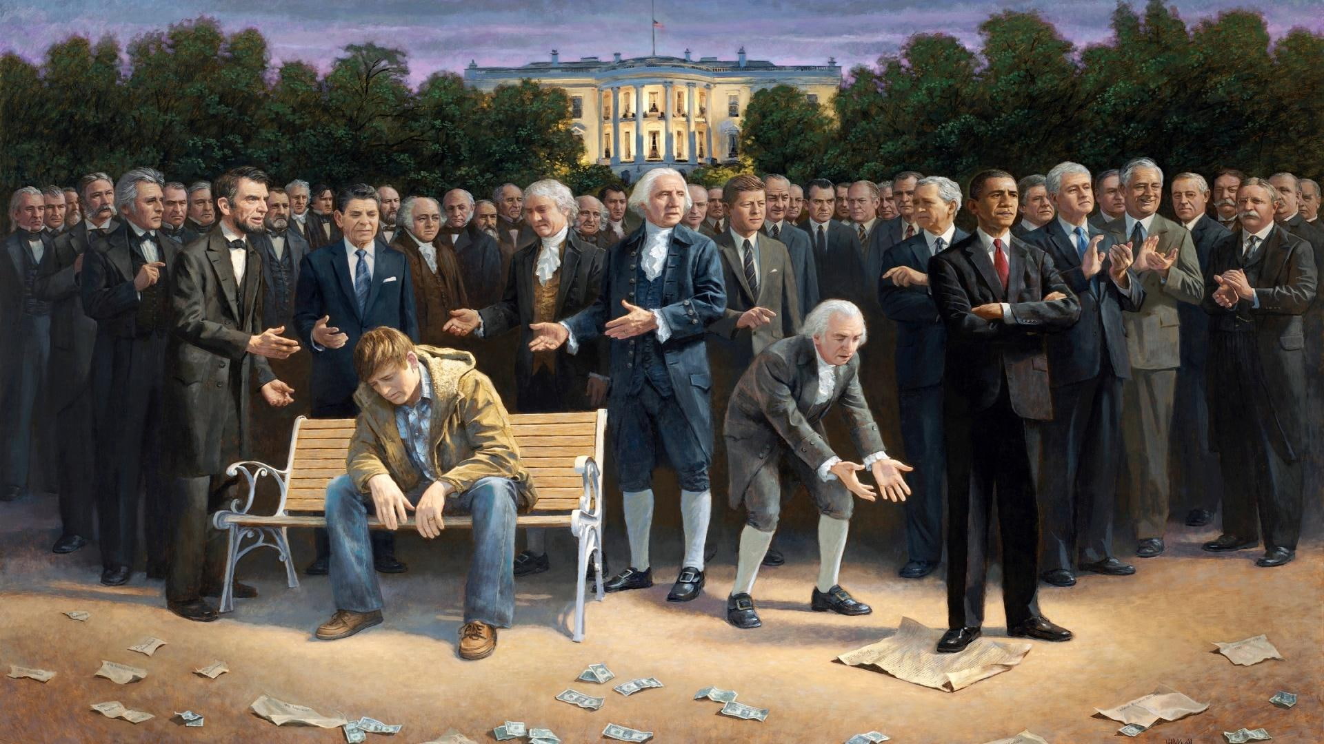 man, us, political, abstract, brown, hoodie, presidents, people, 3d and abstract, wooden, 1080P, zip, bench, painting, front, sitting, suit, HD Wallpaper
