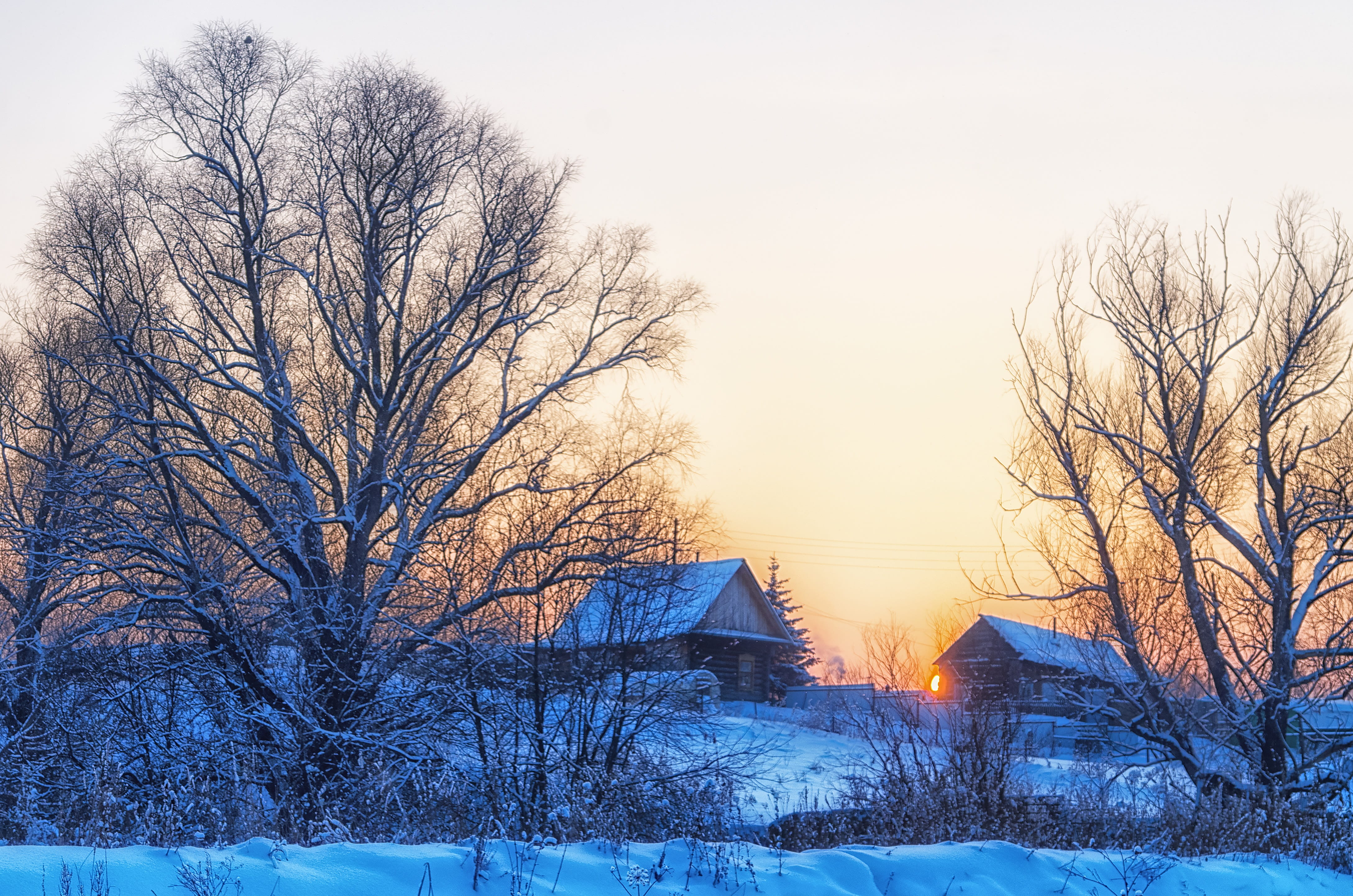 near, tranquil scene, land, Village, Russia, scenics - nature, outdoors, cottage, beauty in nature, sky, architecture, built structure, Winter, bare, environment, HD Wallpaper
