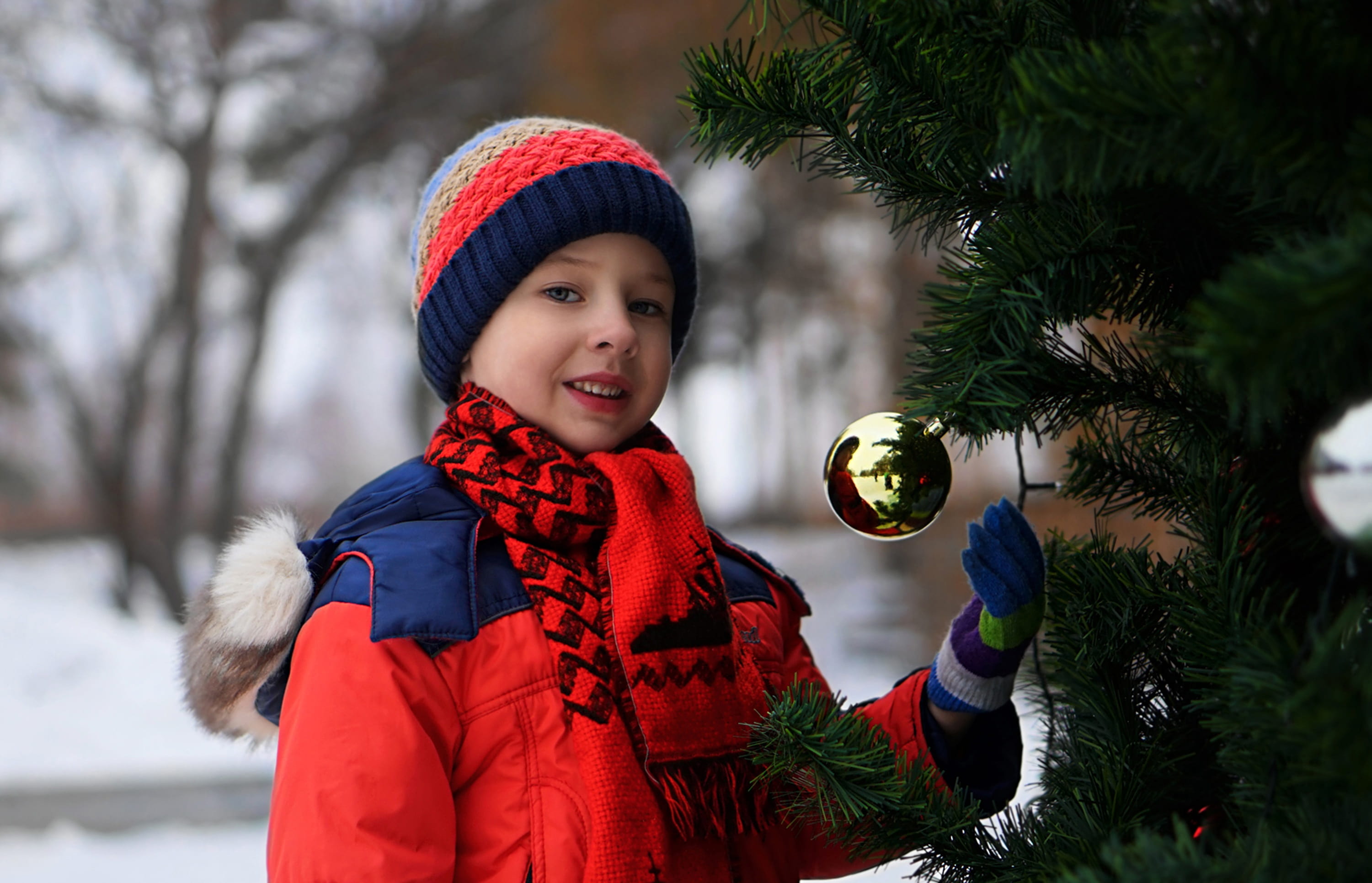 new years eve, ice, hat, baby, nature, boy, smiling, coldly, emotion, winter, christmas tree, celebration, tree, cold temperature, christmas, one person, HD Wallpaper