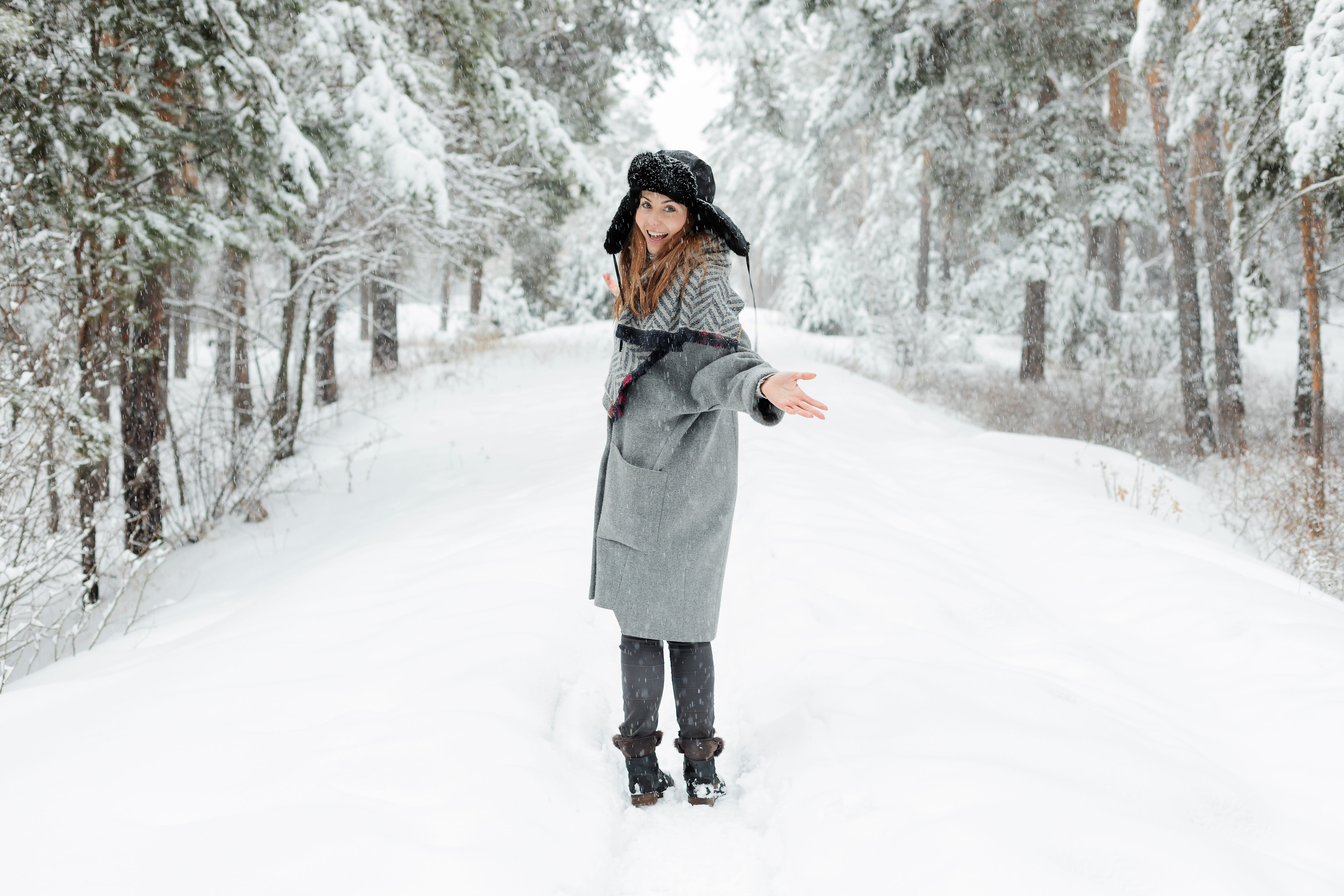 white color, 5K, extreme weather, warm clothing, happiness, white, snowing, day, standing, beautiful, full length, plant, winter, hat, leisure activity, HD Wallpaper