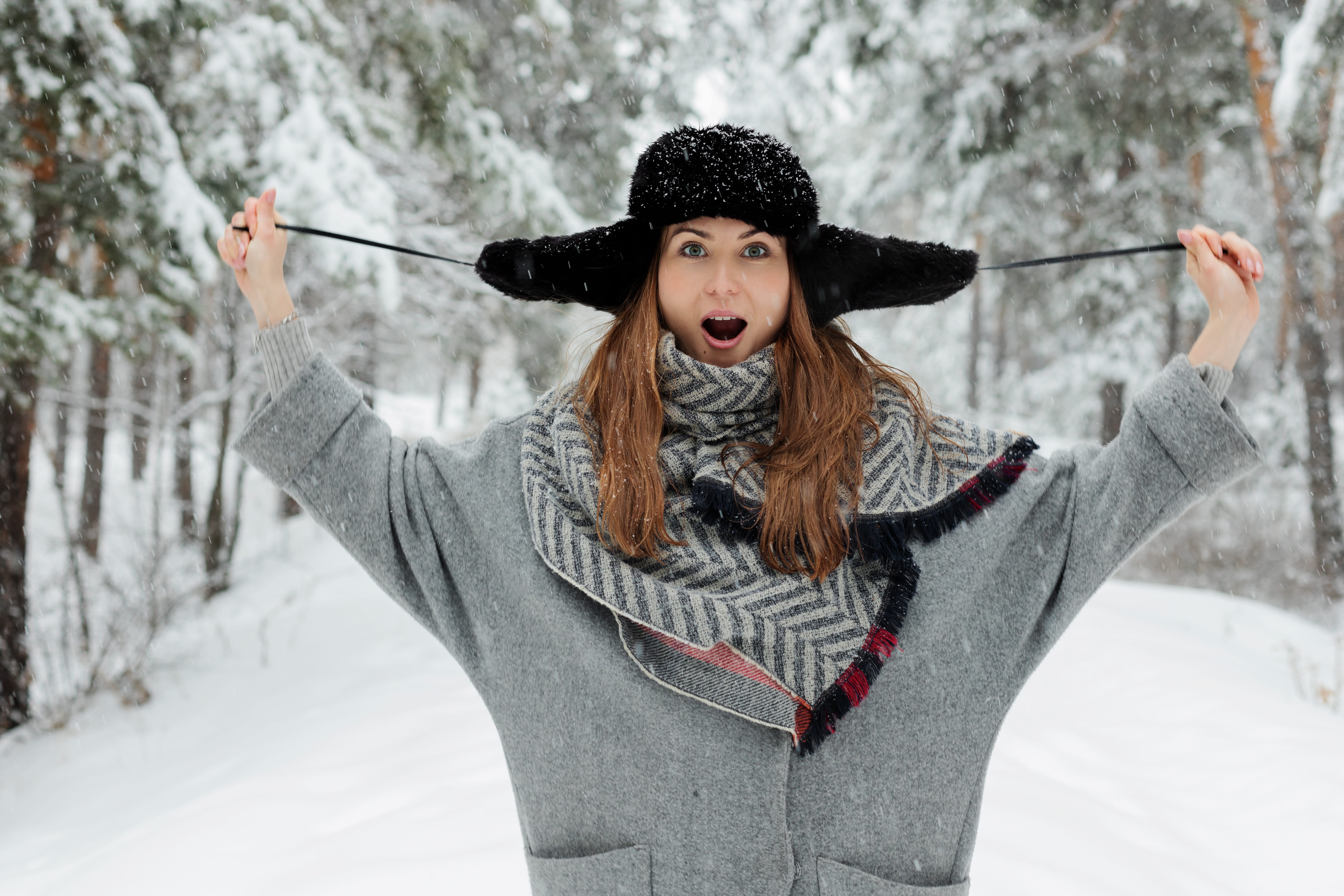 smile, arms raised, cap, outdoors, young adult, real people, warm clothing, emotions, holding, leisure activity, portrait, beautiful, forest, hair, white, HD Wallpaper