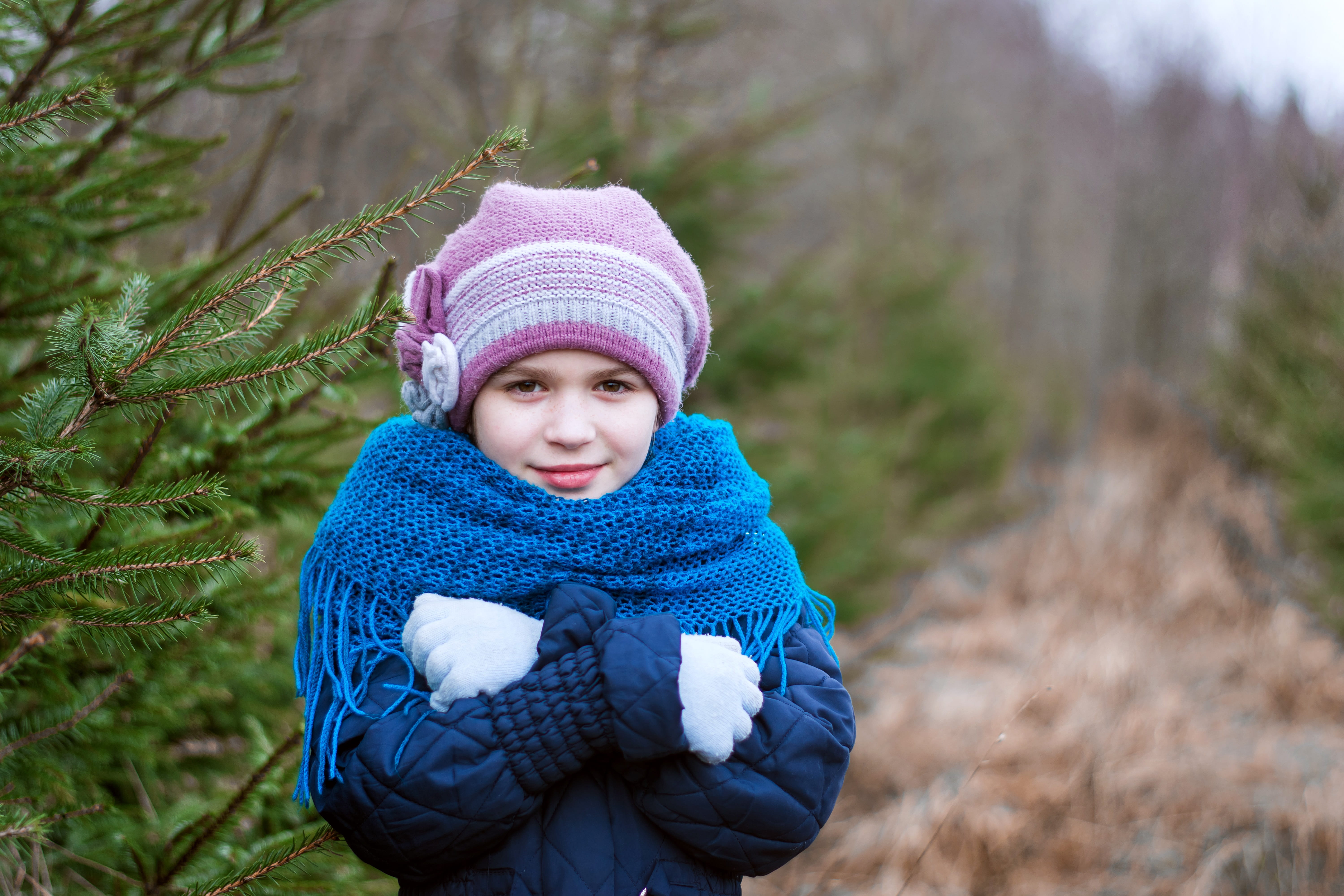 day, looking at camera, clothing, baby, knit hat, front view, outdoors, tree, little, hat, warm clothing, portrait, coldly, glove, cute, 5K, nature, child, HD Wallpaper