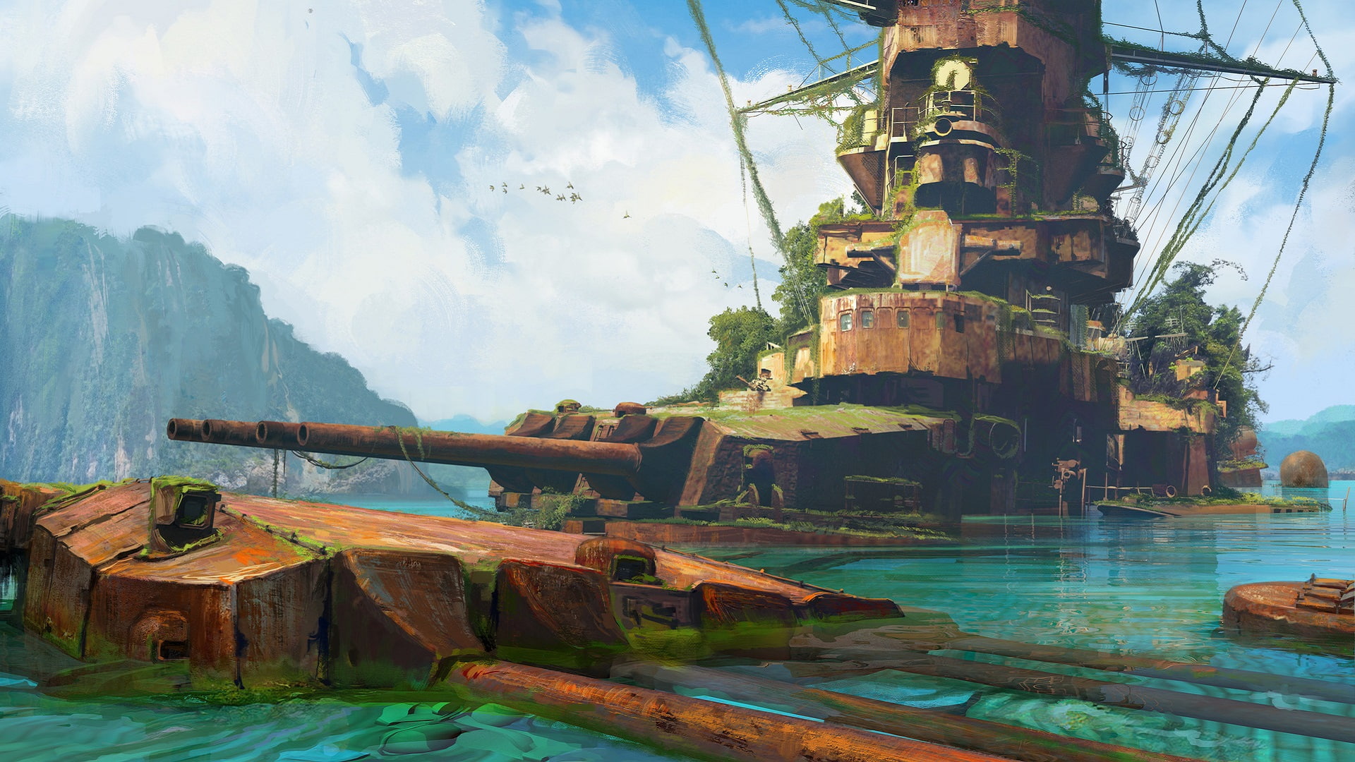 tropical, sea, 1080P, birds, ship, overgrown, island, cannons, rust, Battleship, HD Wallpaper