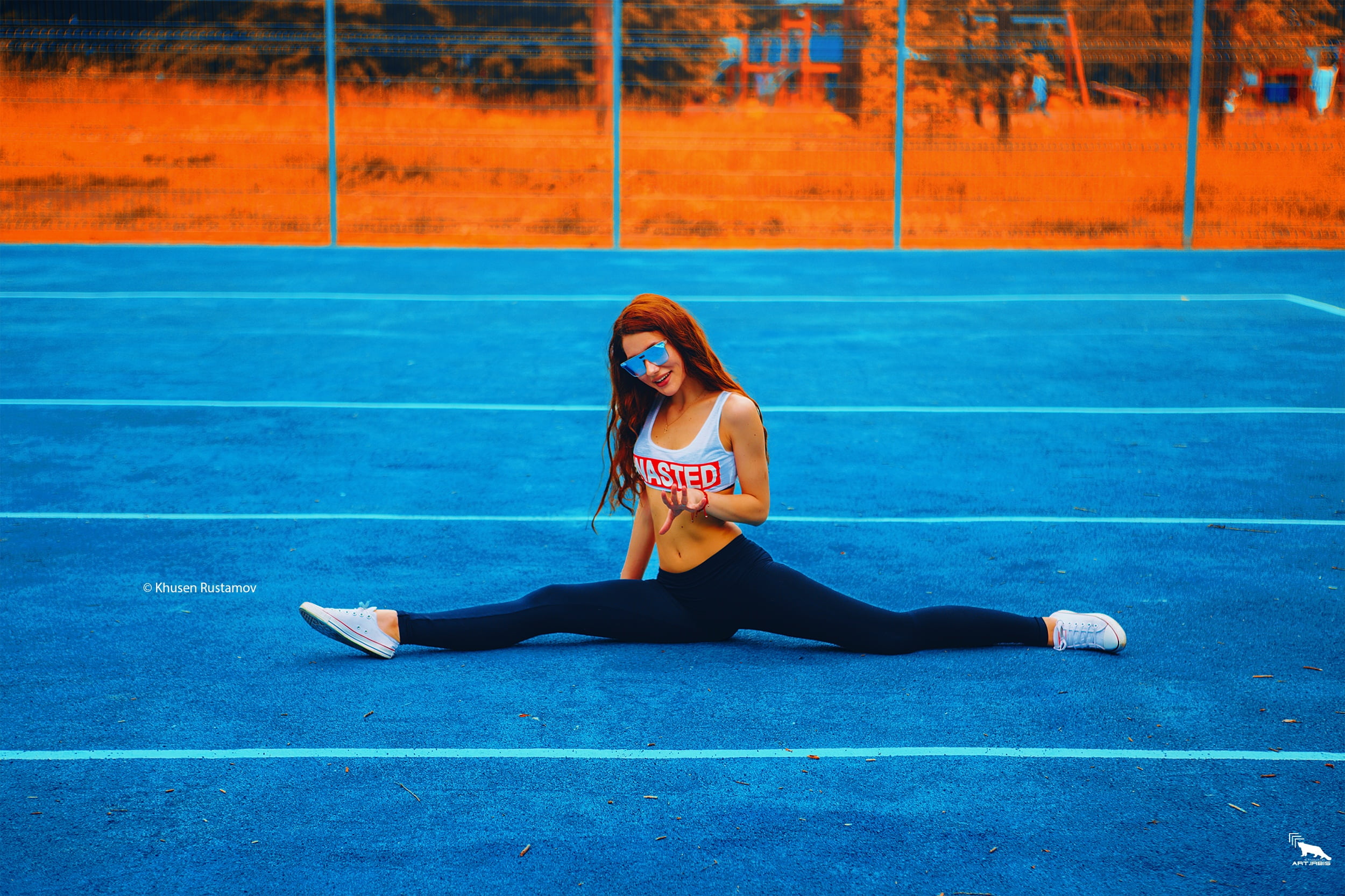 sunglasses, women, Khusen Rustamov, stretching, women outdoors, flexible, outdoors, short tops, 1080P, belly, Converse, selective coloring, long hair, HD Wallpaper