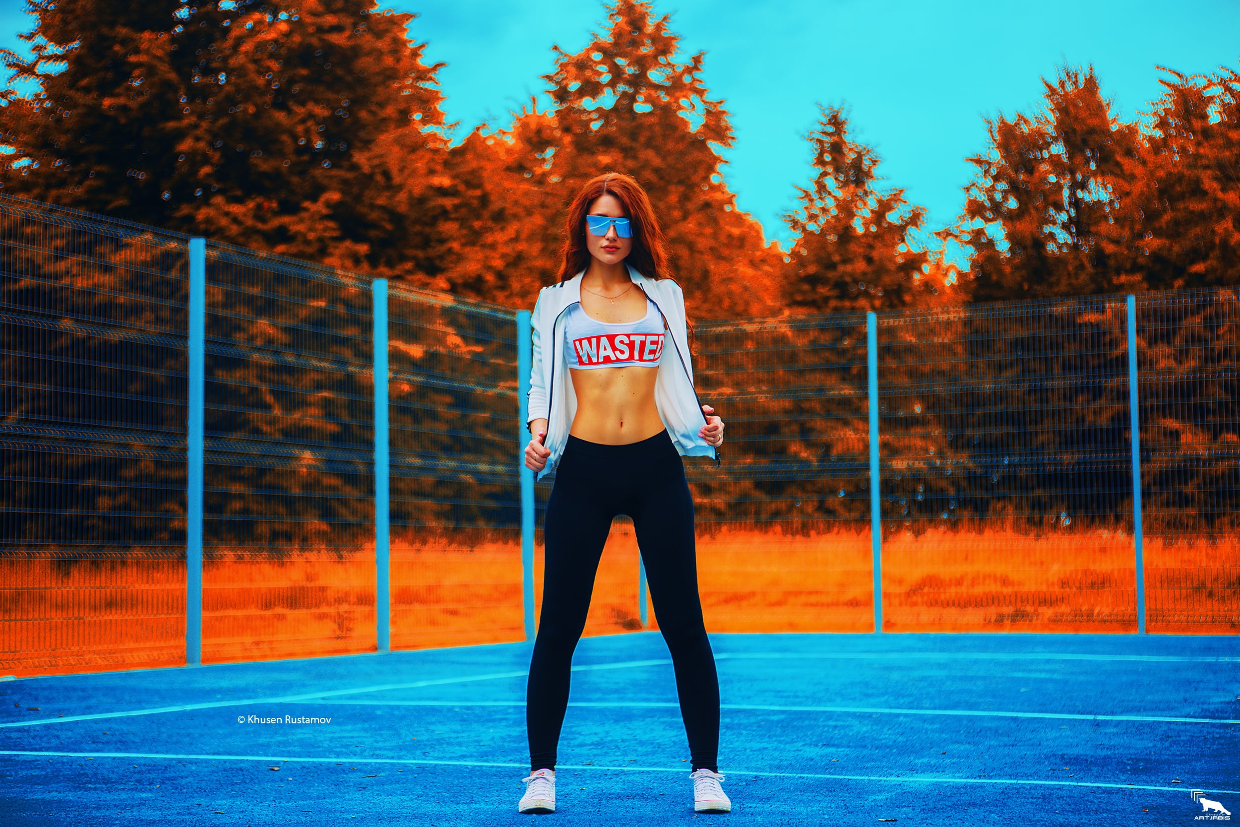 white tops, short tops, women outdoors, Khusen Rustamov, long hair, Converse, standing, outdoors, selective coloring, sunglasses, 1080P, sportswear, leggings, HD Wallpaper