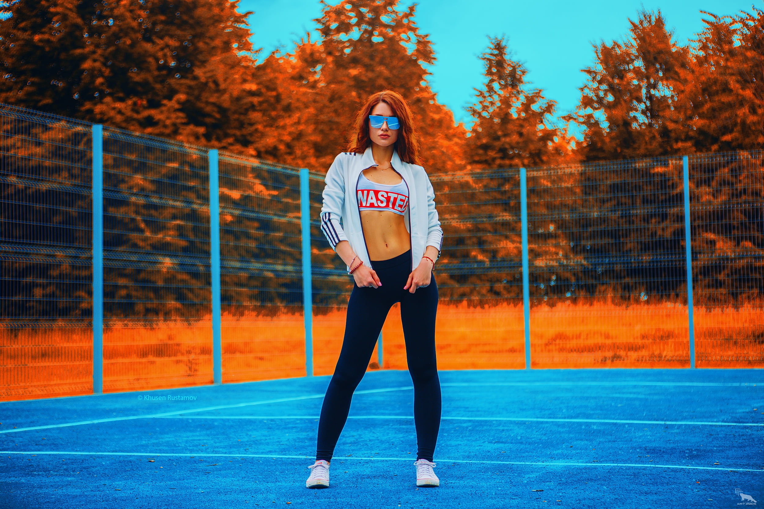 sunglasses, Khusen Rustamov, Converse, women outdoors, standing, belly, short tops, model, sweatshirts, long hair, selective coloring, outdoors, leggings, HD Wallpaper