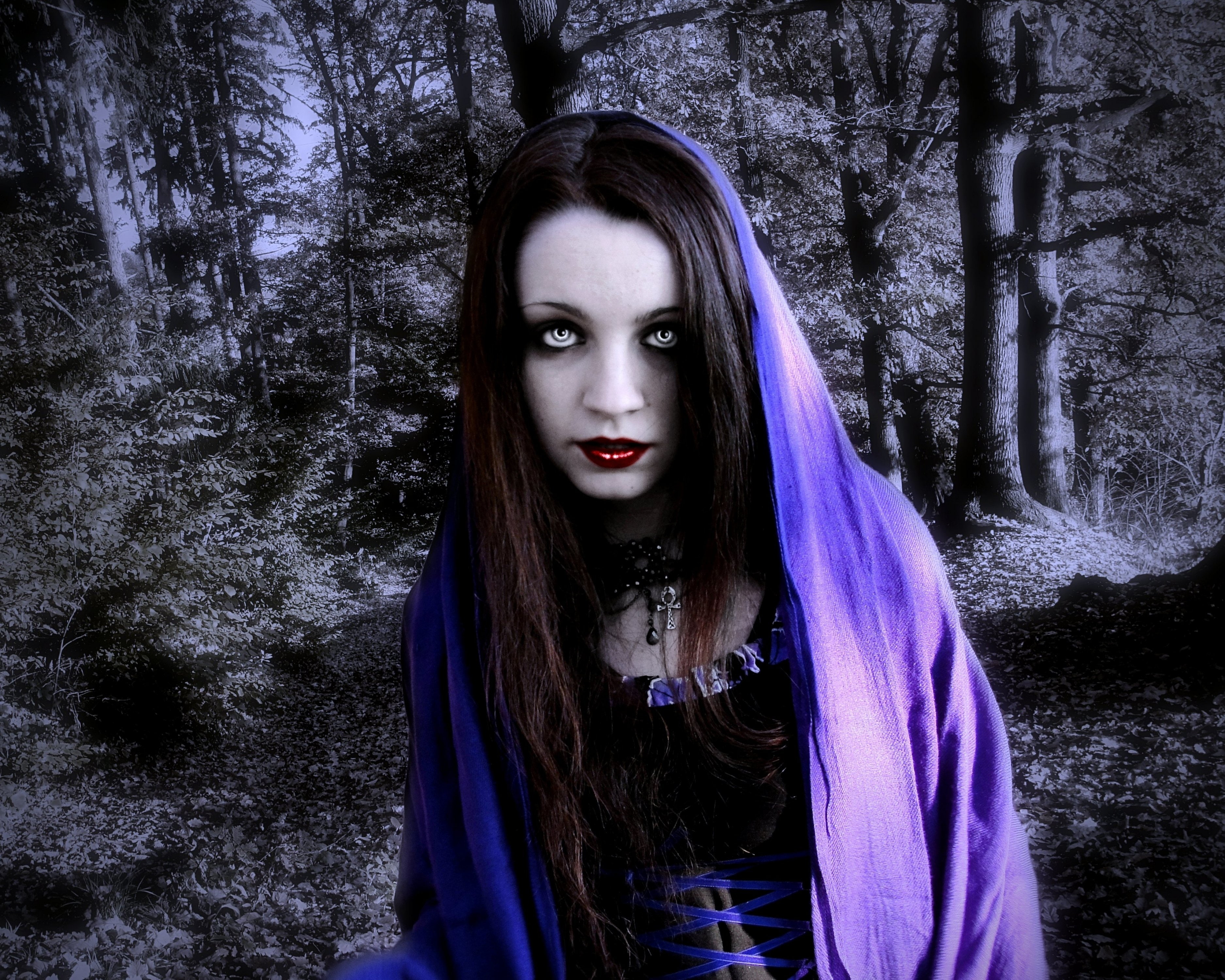 fear, long hair, spooky, Gothic, teenager, lifestyles, vampire, looking at camera, Dark, art, woodland, forest, portrait, Girls, 2K, land, plant, real people, HD Wallpaper
