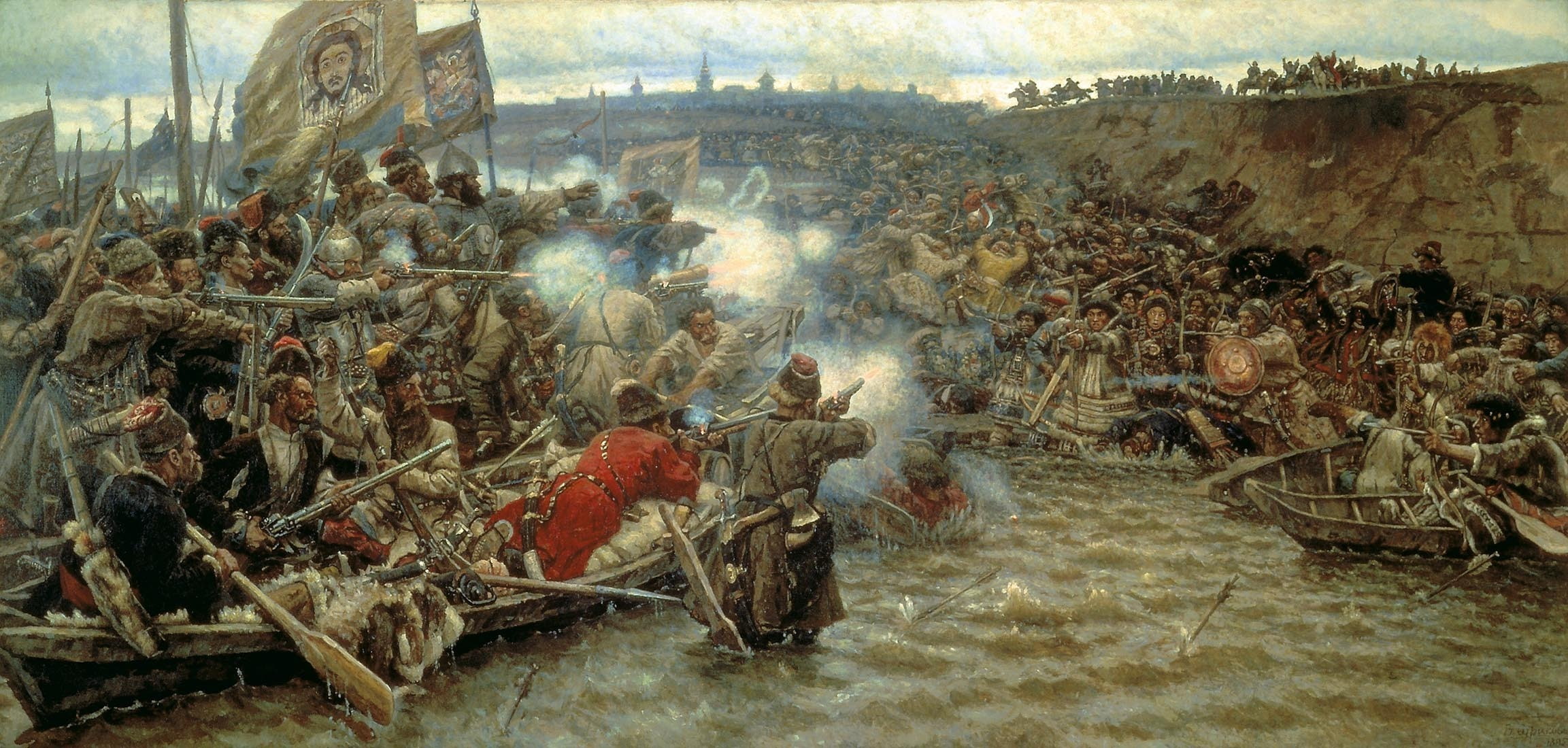 By, Siberia, smoke, 1080P, water, battle, Icons, the, guns, Conquest, Banners, Yermak, flags, river, of, history, military, boat, Surikov, HD Wallpaper