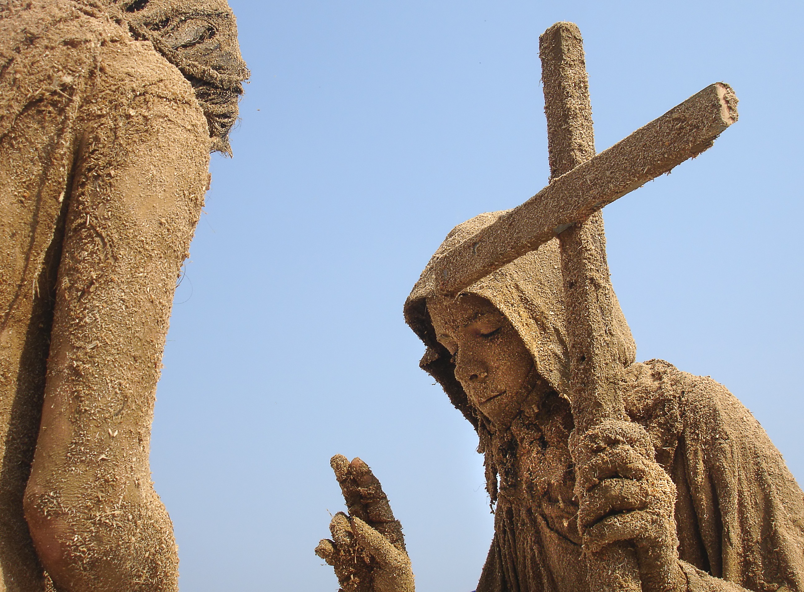 no people, low angle view, conquest, cross, religion, models, place of worship, representation, art and craft, spirituality, belief, day, outdoors, sky, HD Wallpaper