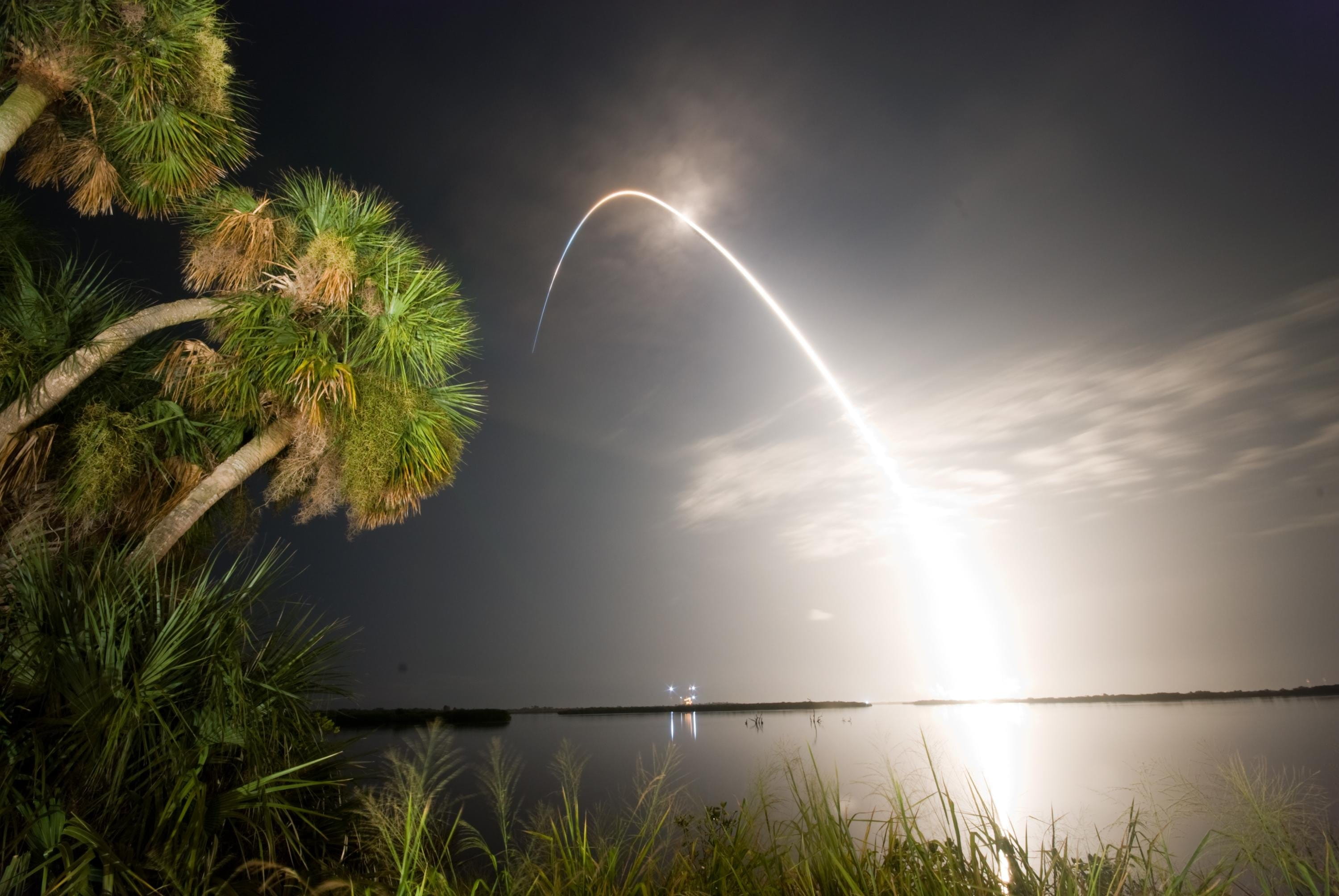 sunbeam, reflection, nasa, sunlight, beside, night, trees, sea, scenics - nature, aerospace, tree, tranquil scene, moon, leaf, nature, space flight, tranquility, HD Wallpaper