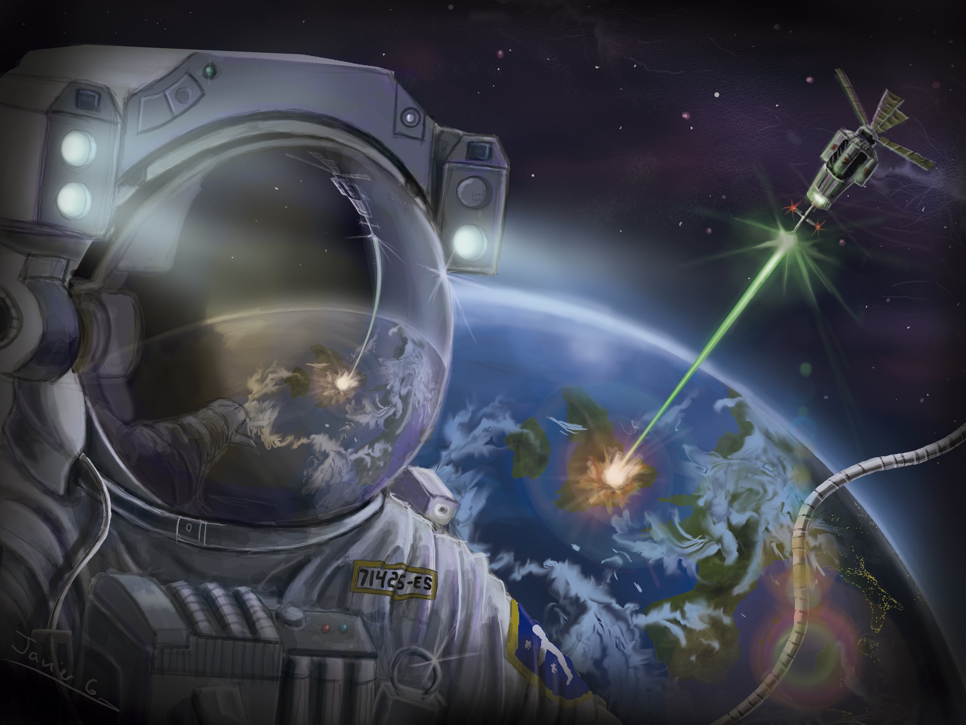 painting, helmet, astronaut, Earth, spaceship, space, Cosmonaut, 4K, art, HD Wallpaper