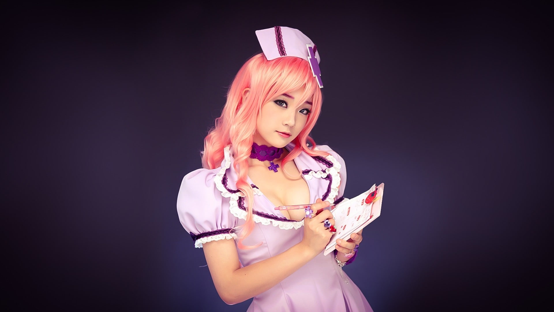 pink, asians, nurses, 1080P, hd, pen, cats, blue, eyes, Uniform, art, animals, cosplay, x, hair, team, spiral, women, HD Wallpaper