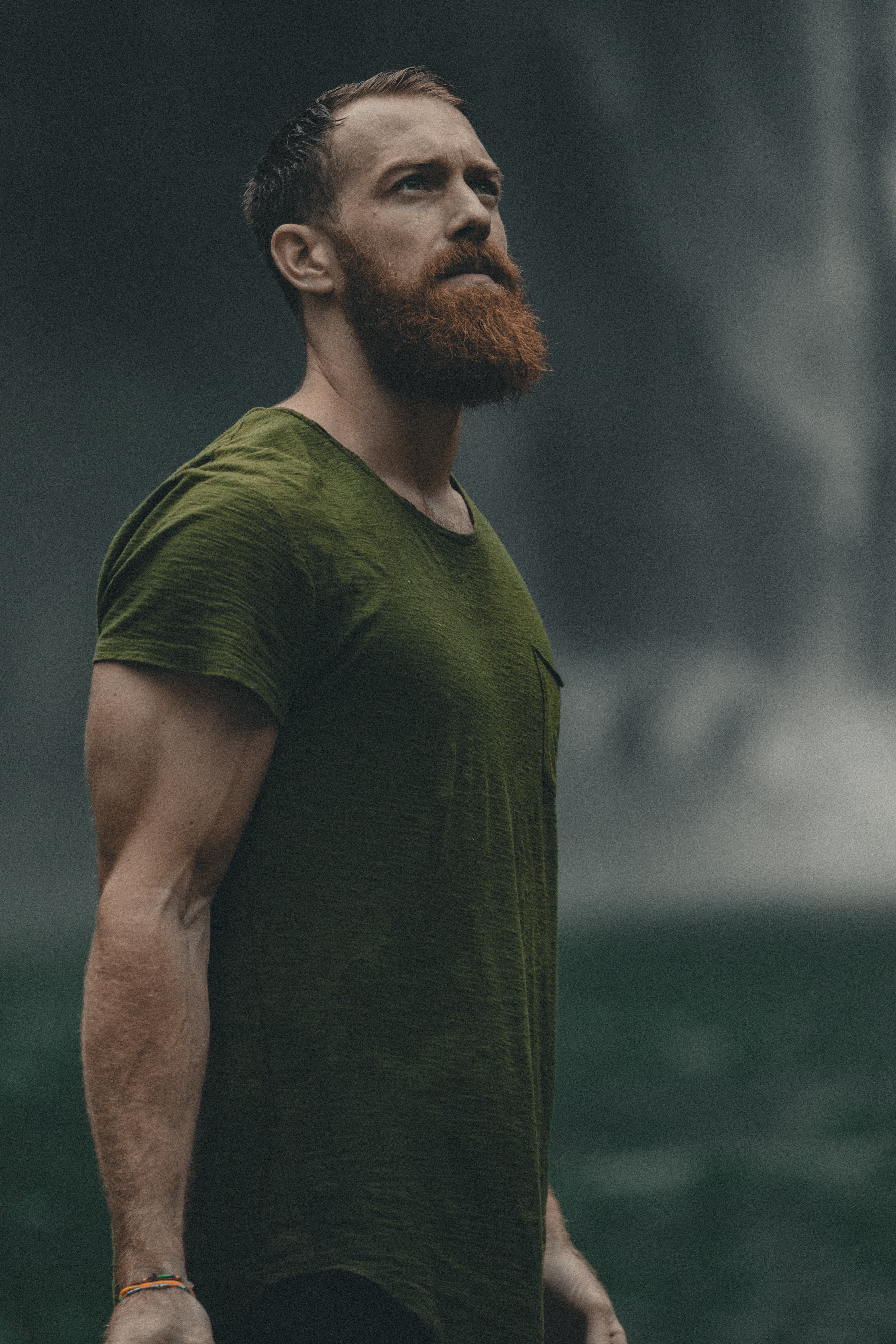 shirt, look, handsome, green, wet, s, contemplation, masculinity, courageous, 5K, standing, looking away, crew, water, rain, t, beautiful people, adult, Phone HD Wallpaper