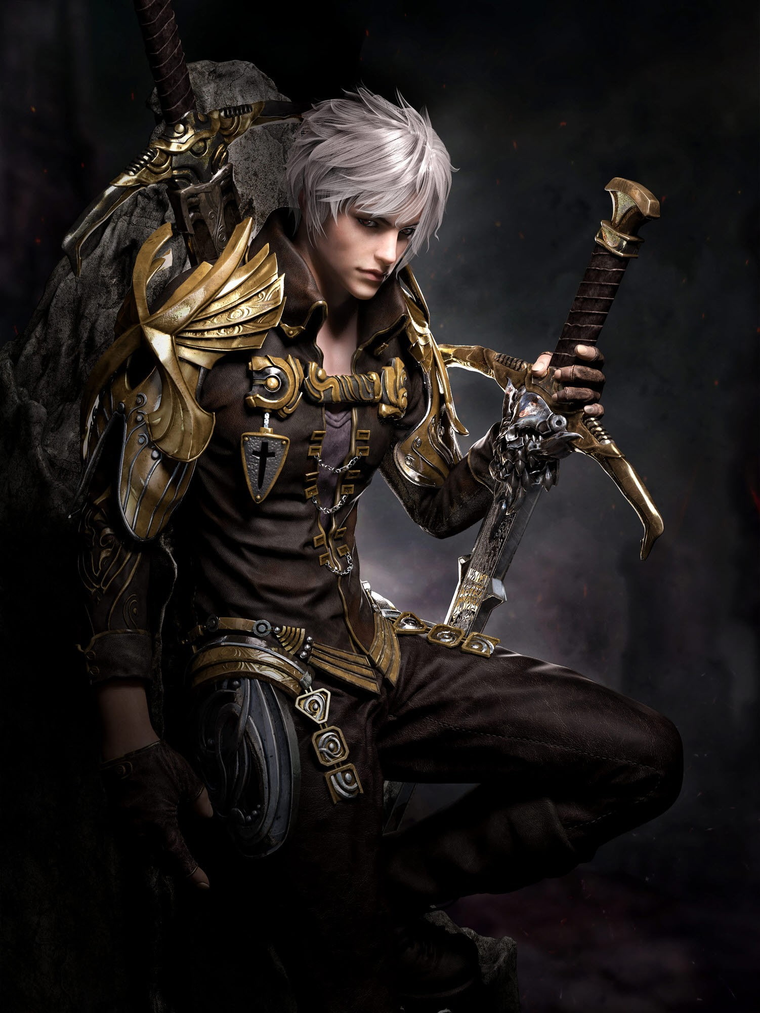 knight, sword, grey hair, fantasy art, armor, 1080P, Phone HD Wallpaper