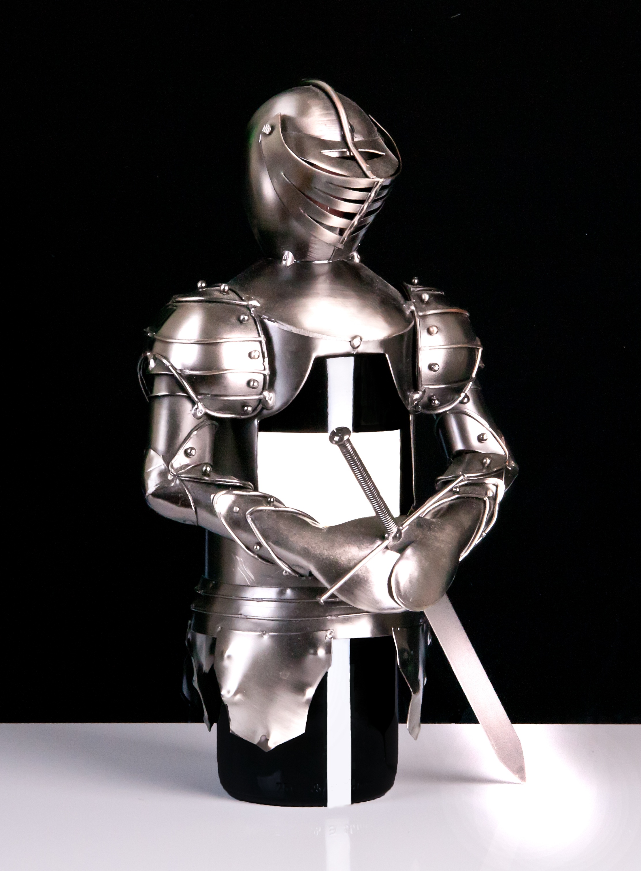 decoration, guard, gastronomy, technology, aluminium, chrome, knight, beverages, black background, wine bottle, figurine, rarity, metallic, the past, knight - person, Phone HD Wallpaper