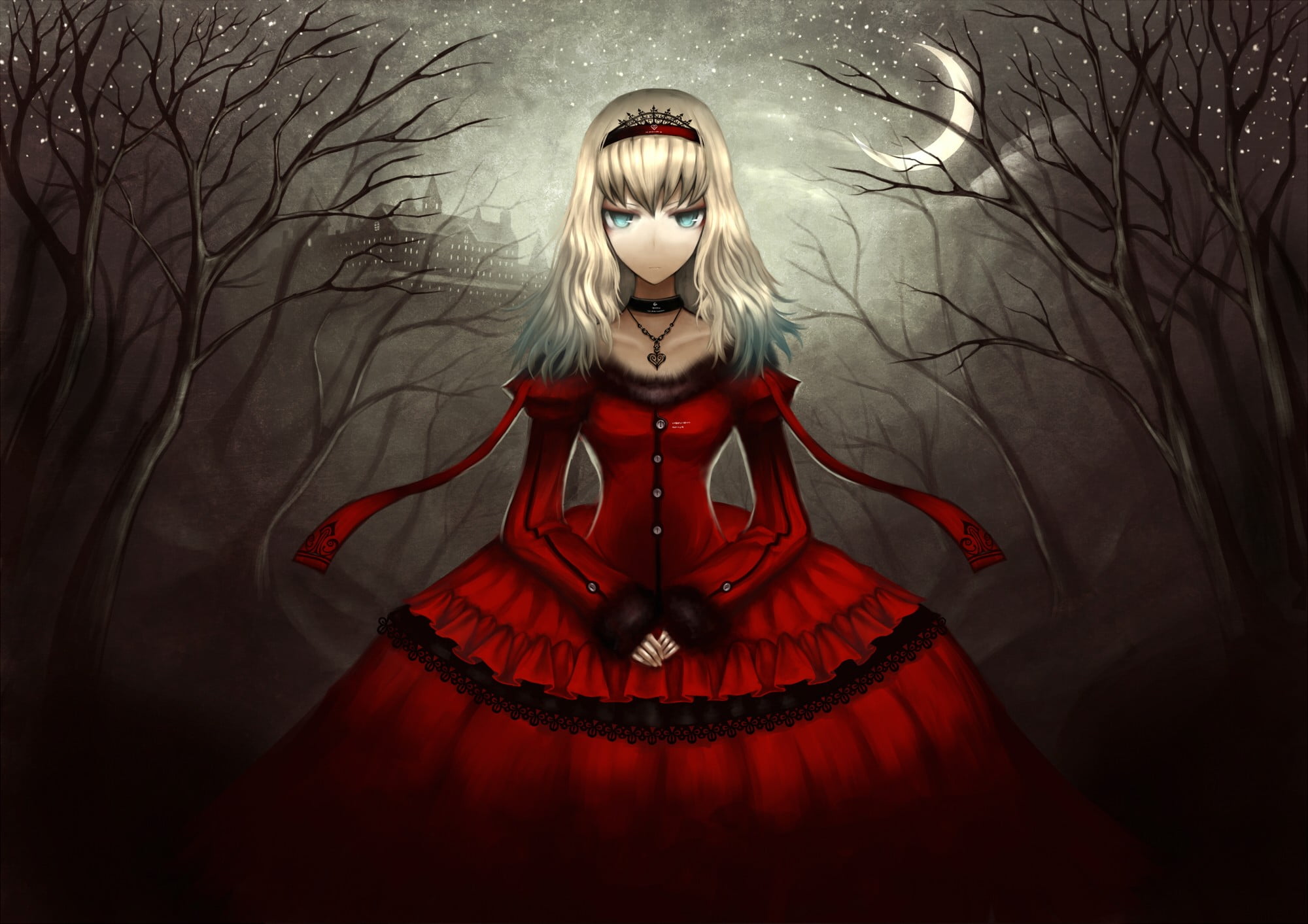 indoors, fashion, anime girls, clothing, forest, one person, front view, night, blond hair, hairstyle, Alice in Wonderland, long hair, blue eyes, anime, HD Wallpaper