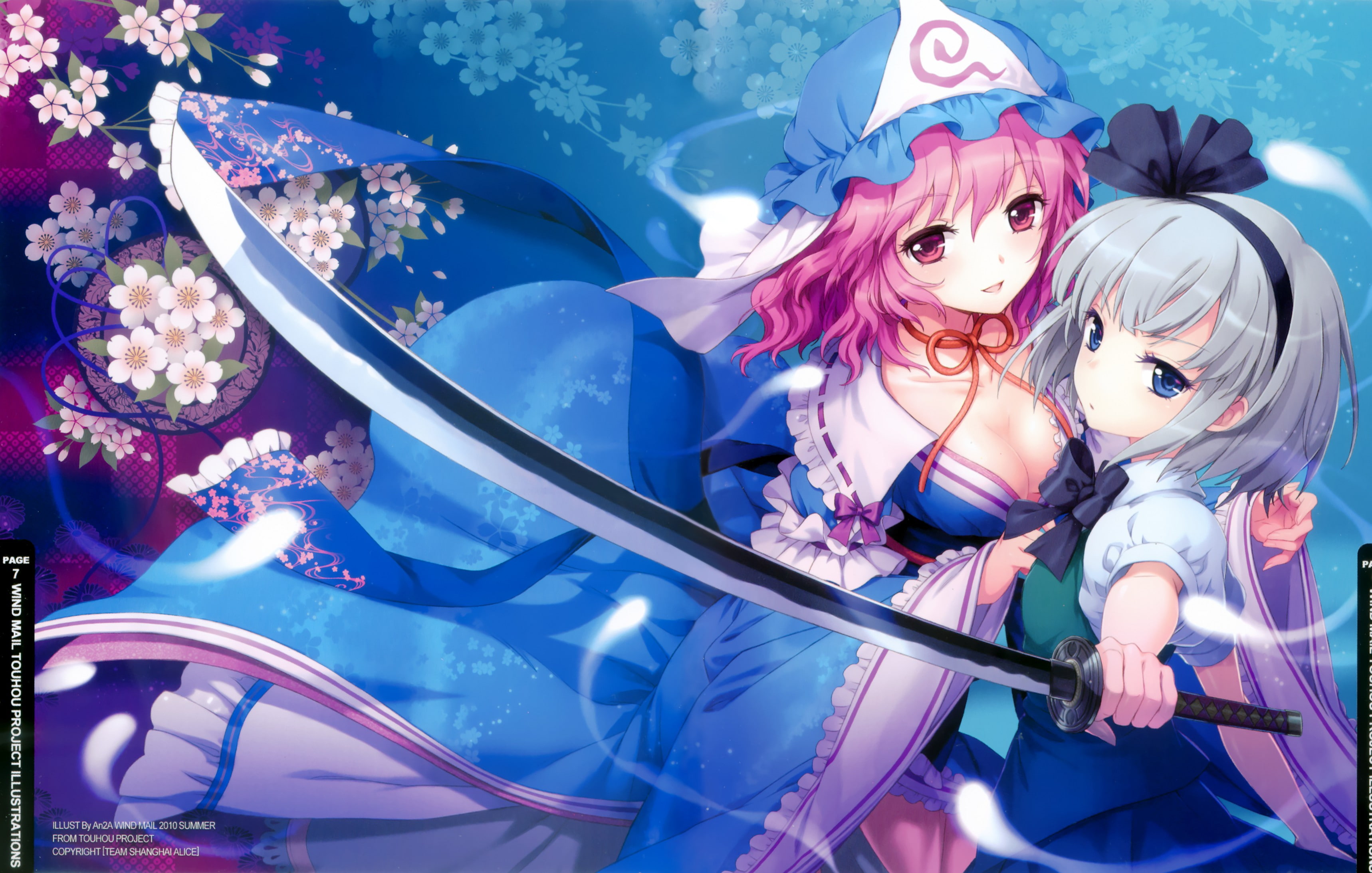 2K, katana, yuyuko, 3436x2187, girls, touhou, saigyouji, saigyouji yuyuko, anime, anime girls, HD Wallpaper
