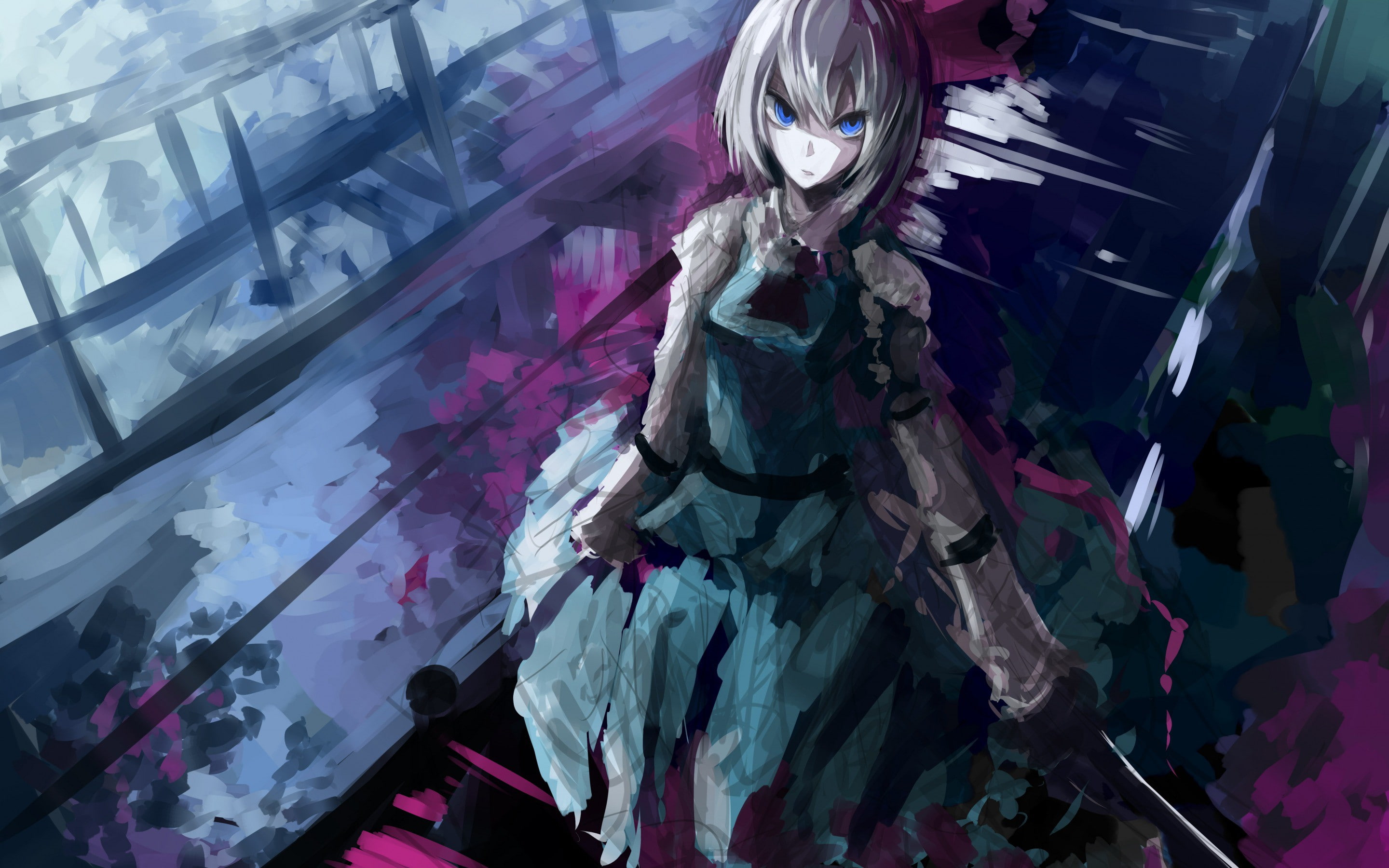 2K, katana, anime, touhou, weapons, konpaku youmu, bridge, ayaya, girl, Art, HD Wallpaper