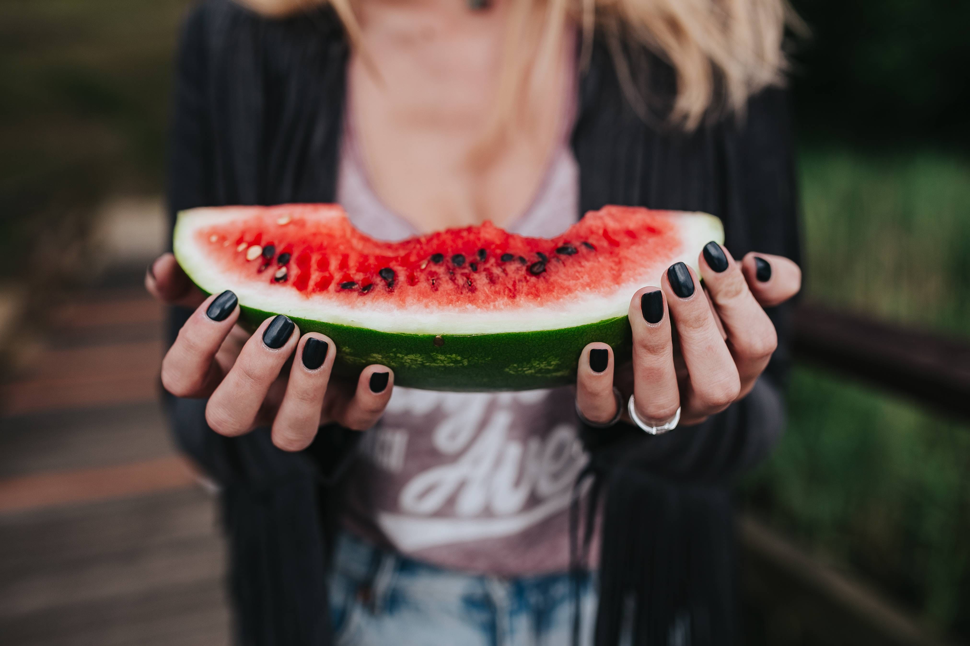 adult, day, pretty, food and drink, girl, woman, front view, watermelon, jetty, food, pier, females, one person, wooden pier, female, beautiful, fruit, HD Wallpaper