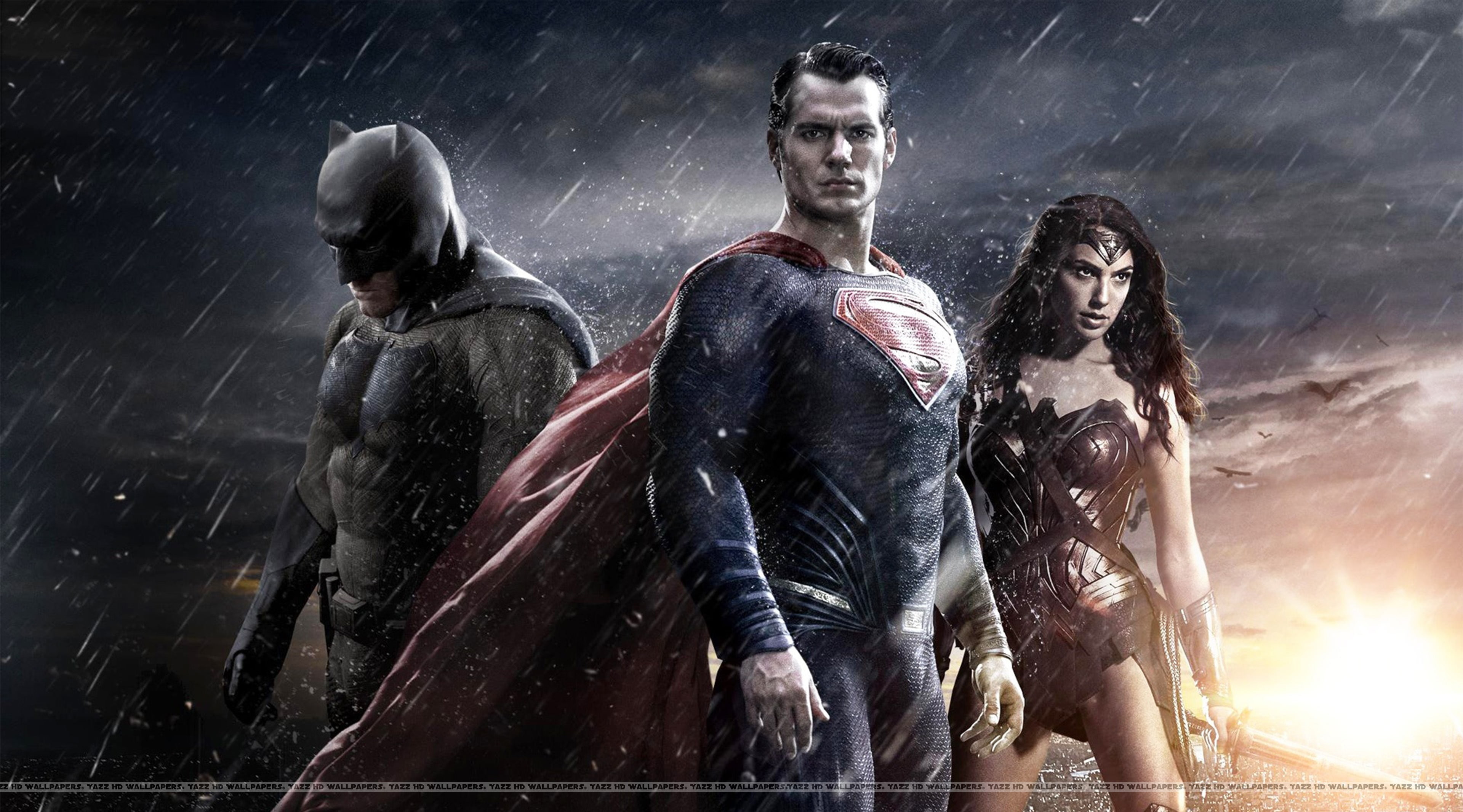 outdoors, emotion, Batman, determination, group of people, wonder woman, nature, woman, young adult, vs, splashing, Movies, sky, young men, rain, illustration, HD Wallpaper