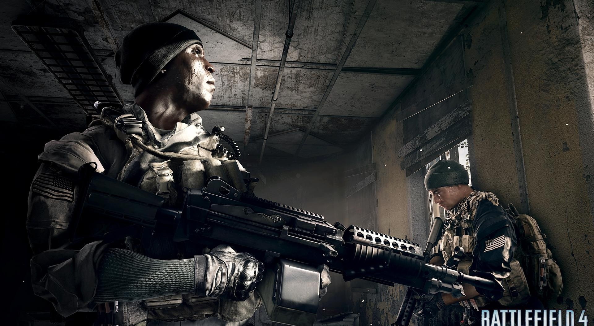 1080P, helmet, low angle view, gun, clothing, adult, men, 2013, weapon, male likeness, army helmet, battlefield 4, bf4, waist up, aggression, headwear, HD Wallpaper