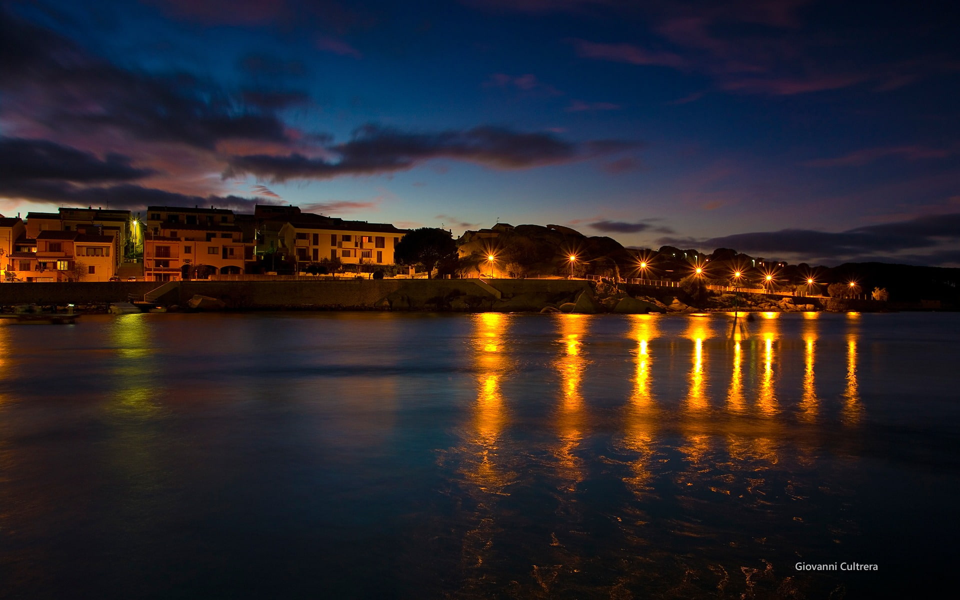 sardinia, lights, peninsula, dusk, reflection, city, port, no people, night, building, water, residential district, 1080P, sunset, nature, sky, waterfront, HD Wallpaper