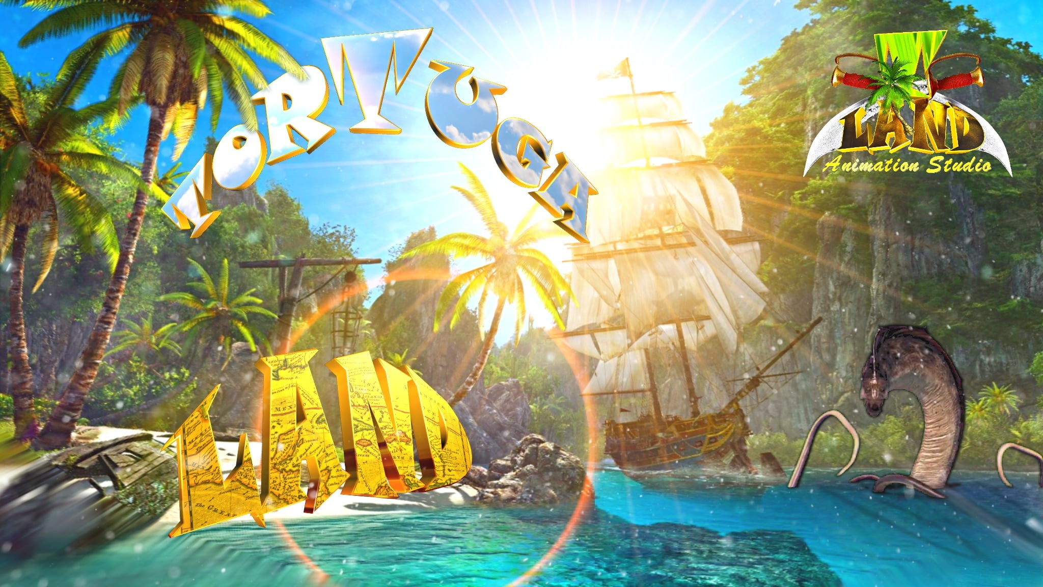 animation Studio, boat, monster, palm trees, inspiration., ship, Pirates, 1080P, Islands, the ship, Tortureing, Tortuga Land, the sun, Bay, the sky, rock, HD Wallpaper