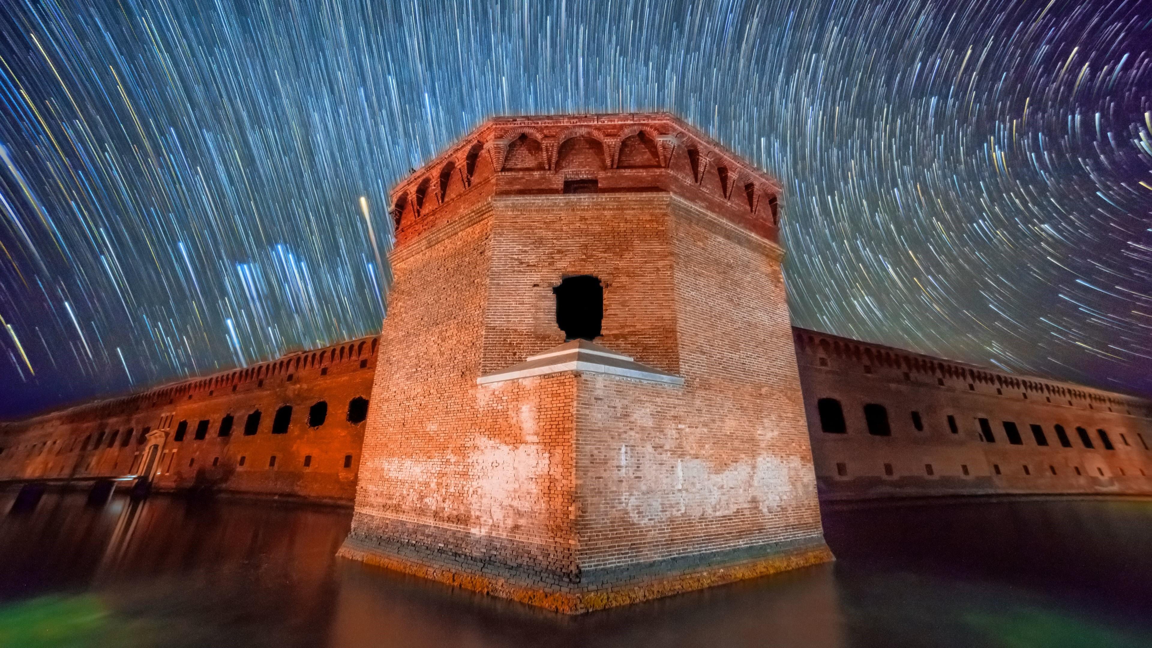 scenics - nature, starry night, water, astronomy, nature, starry, no people, 4K, the past, long exposure, building, history, architecture, night, star trails, HD Wallpaper