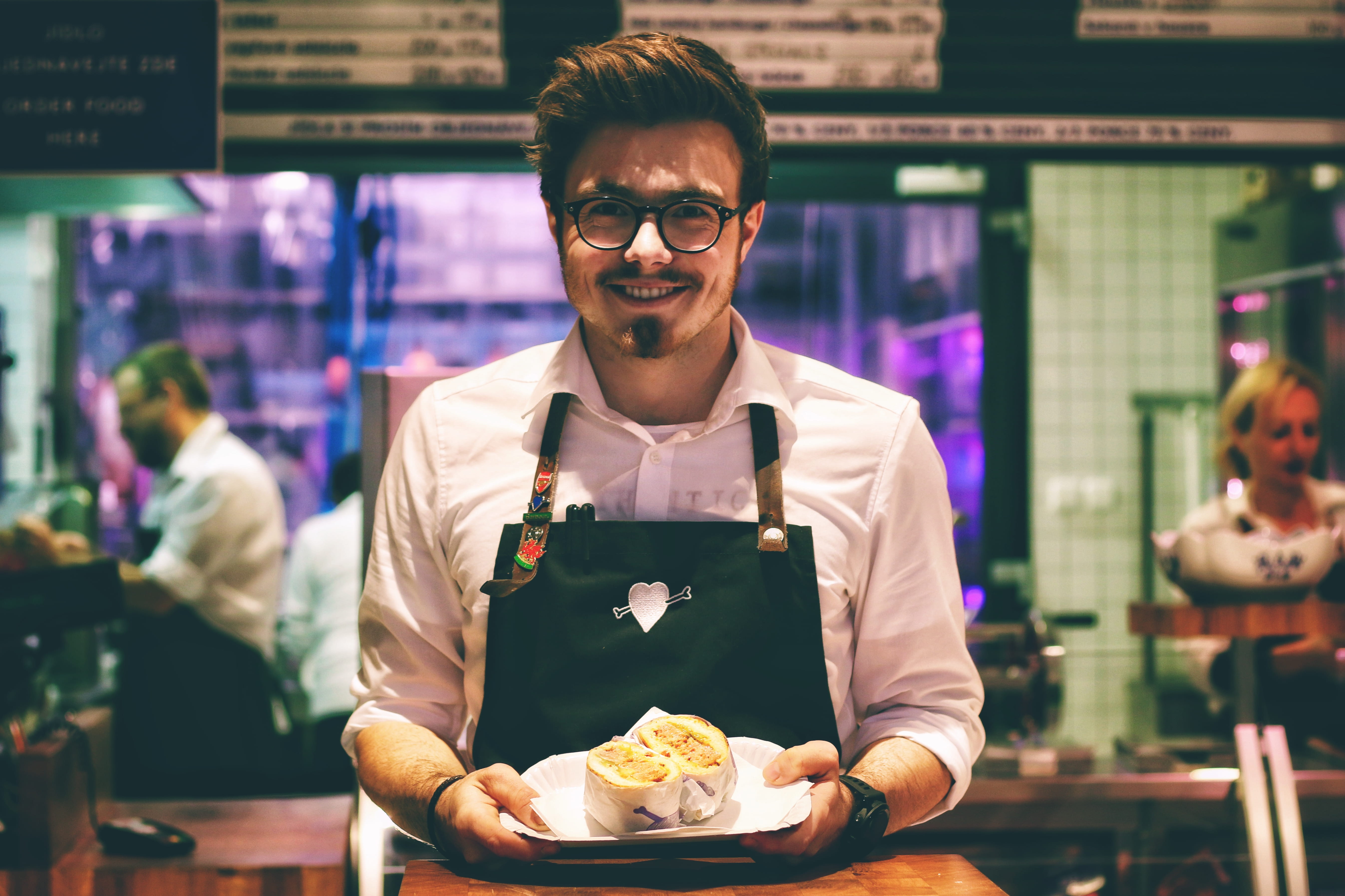 male, dish, communication, restaurant, food, glasses, young men, plate, business, adult, waist up, 5K, focus on foreground, waiter, fish, men, cooked, HD Wallpaper