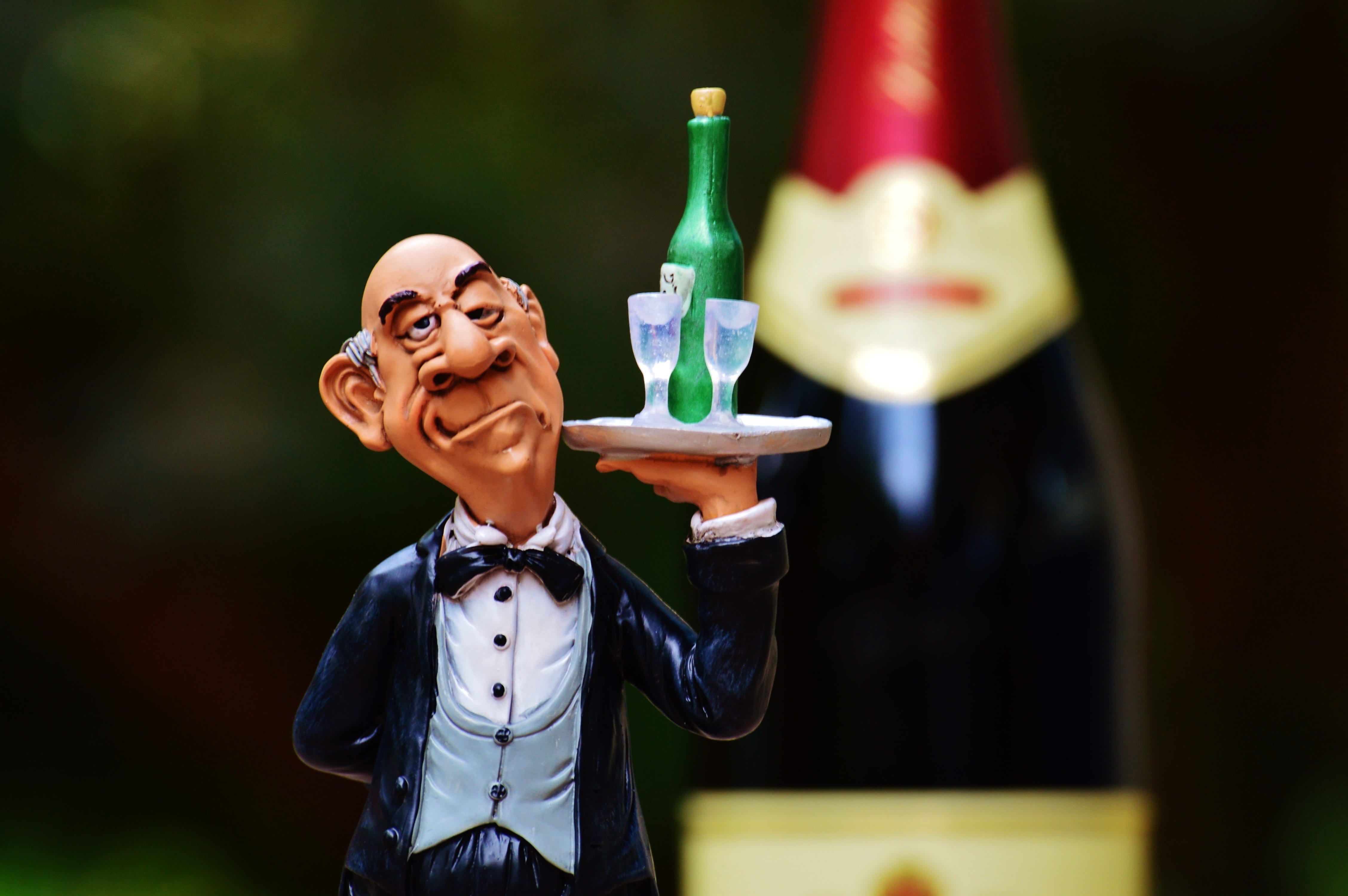 butler, waist up, bottle, holding, front view, bar, portrait, figurine, men, 4K, fun, creativity, event, black, males, photography, celebration, emotion, HD Wallpaper