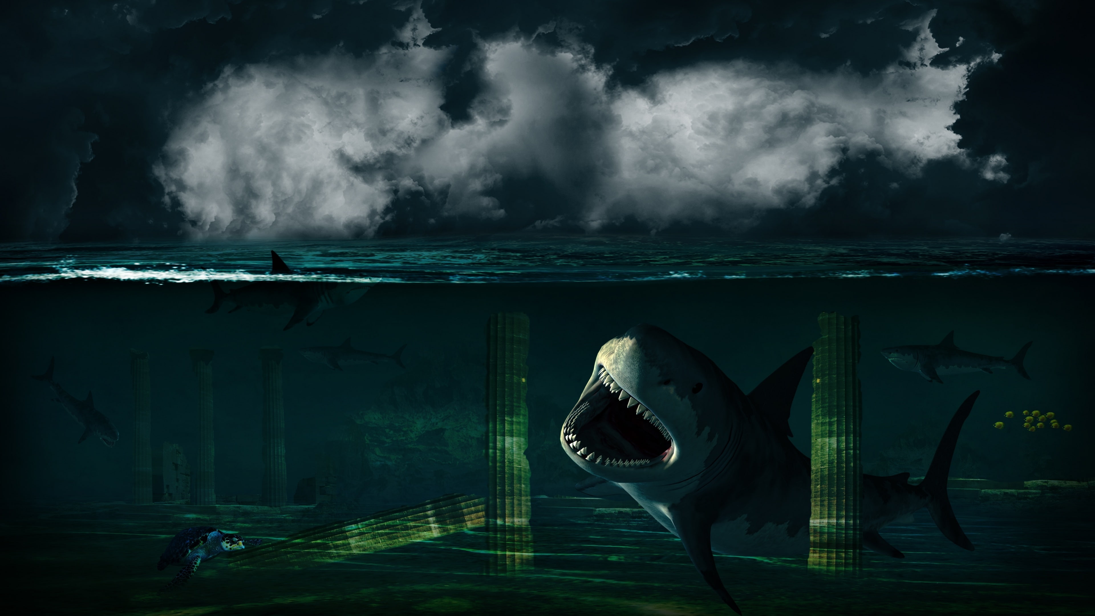 pillars, columns, underwater, shark, darkness, sunken world, ruins, ruin, apocalyptic, sharks, fantasy art, sea, 4K, HD Wallpaper