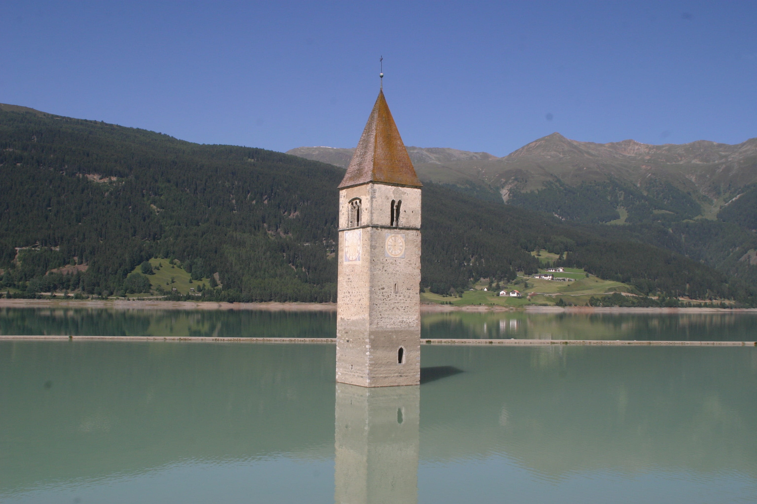 architecture, day, reflection, mountains, nature, travel, Val Venosta, lake, water, church, South Tyrol, travel destinations, belief, building exterior, HD Wallpaper