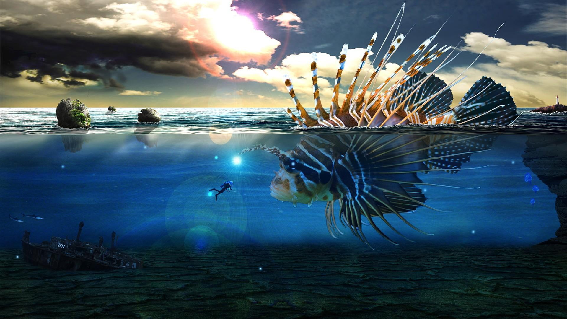 scuba diver, sea, 1080P, clouds, the wreck, summer, sunken ship, huge fish, the evening, the diver, allegory, огромная рыба, evening, HD Wallpaper