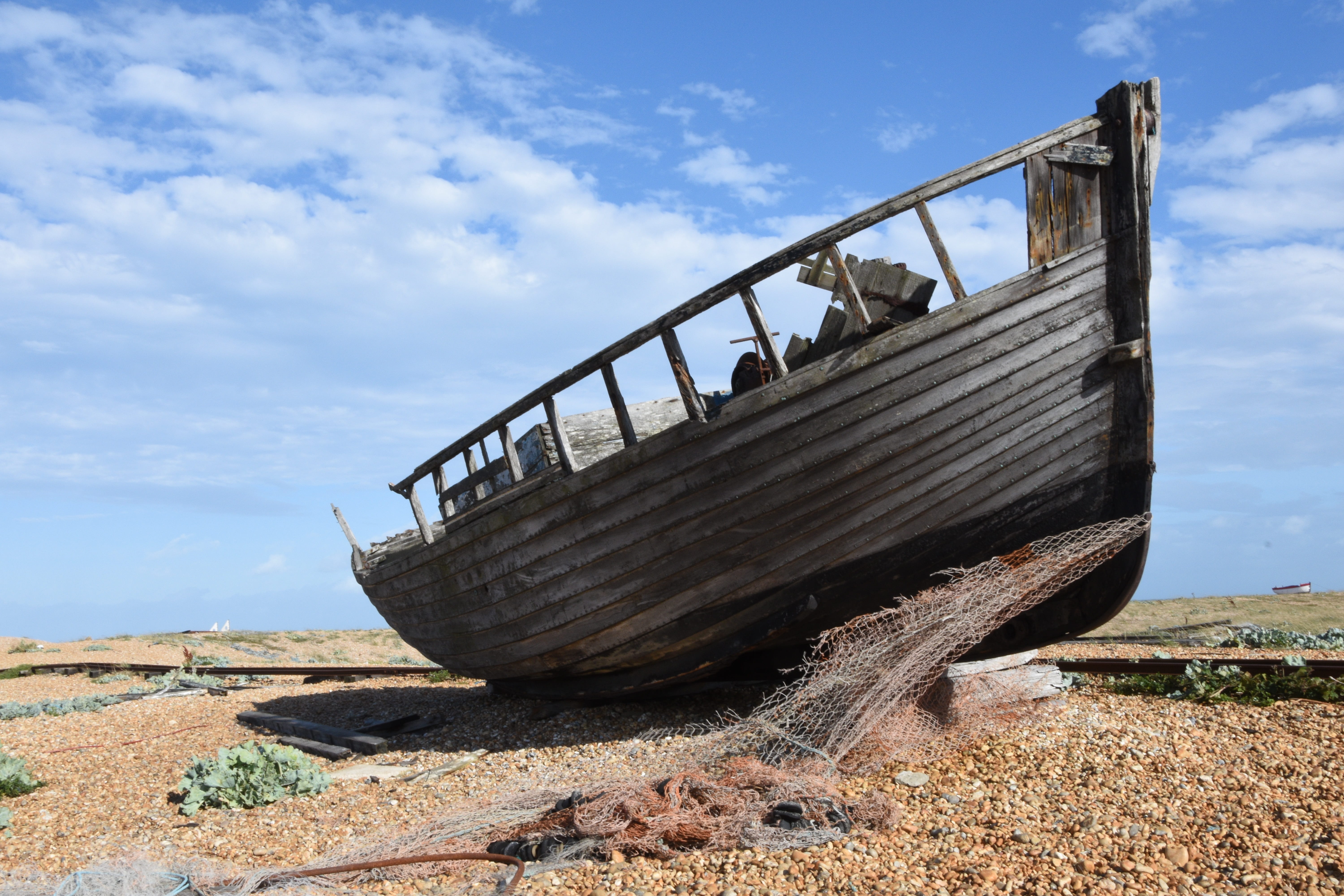 wooden, mode of transportation, water, sky, day, damaged, wood, sunken, beach, pebble beach, nature, transportation, ocean, shore, outdoors, fishing, tranquil scene, HD Wallpaper