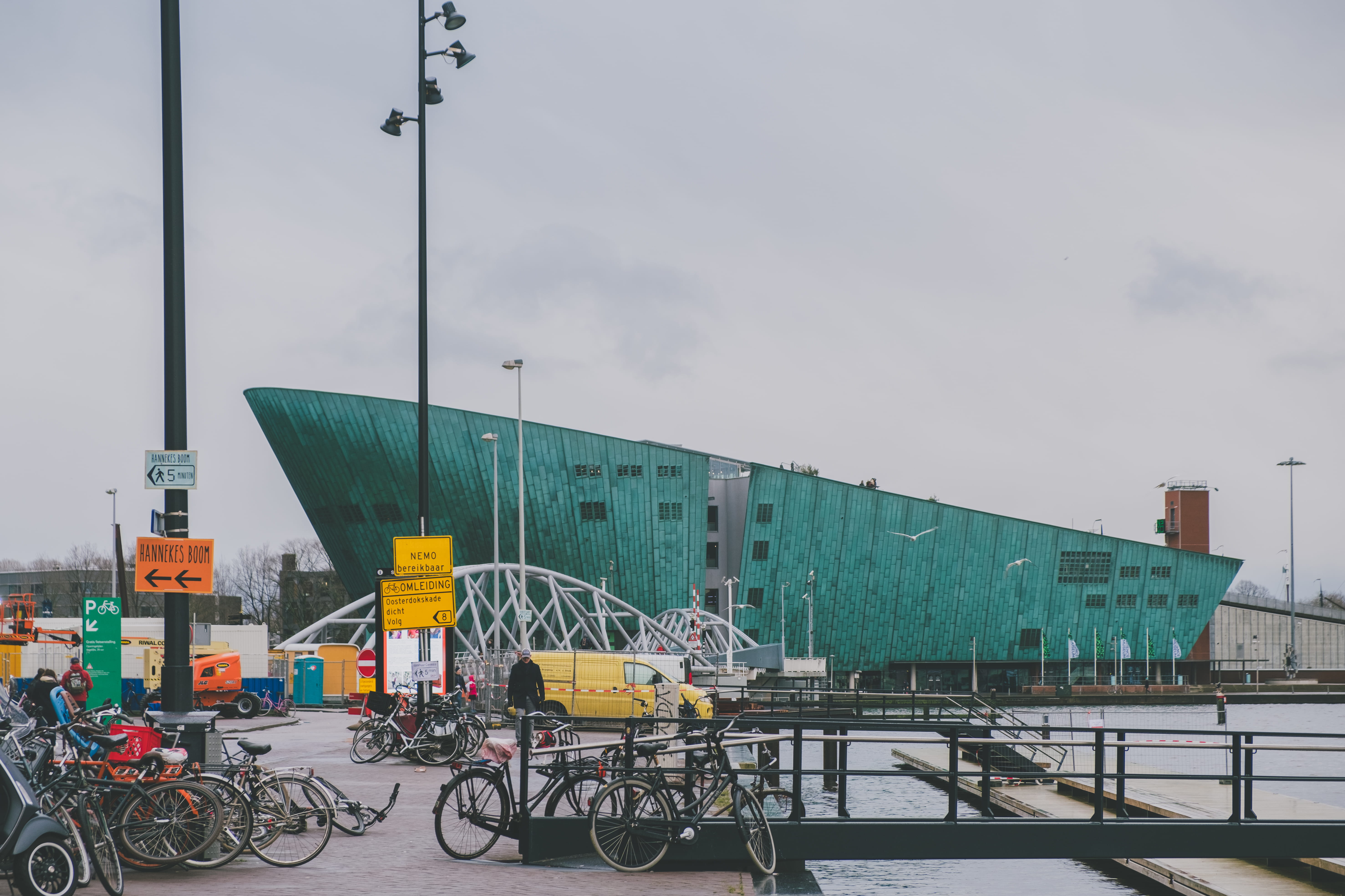 renzo piano, sea, building exterior, sky, 5K, winter, cloud - sky, museum, big building, nemo science museum, city, day, street, mode of transportation, HD Wallpaper