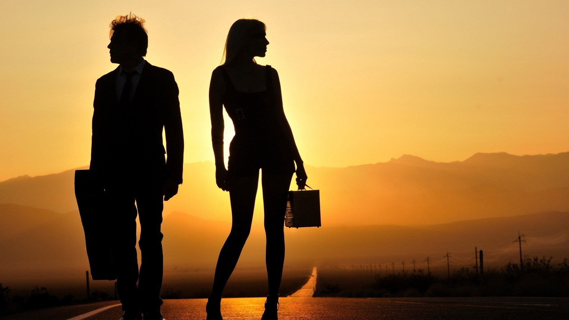 Sun, nature, beauty in nature, real people, mountain, lifestyles, togetherness, women outdoors, orange color, sunset, two people, men, couple, standing, HD Wallpaper