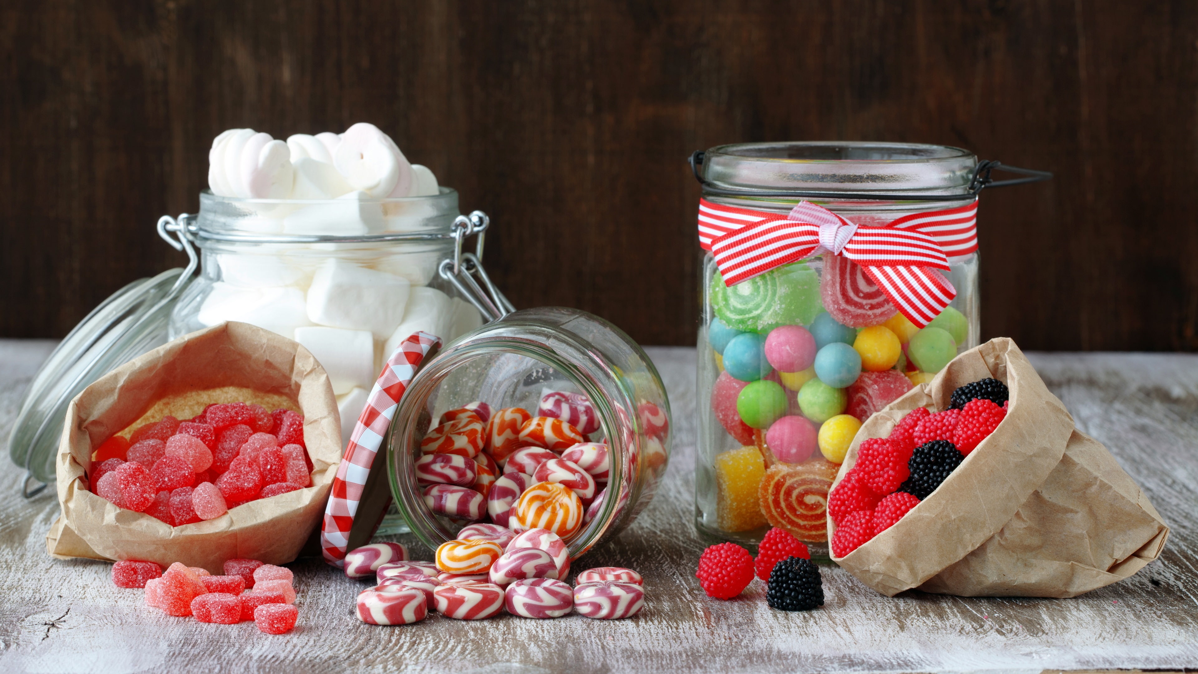4K, glass, Marshmallow, Berries, Candy, Sugar, Jello, jars, Sweet, clear, HD Wallpaper