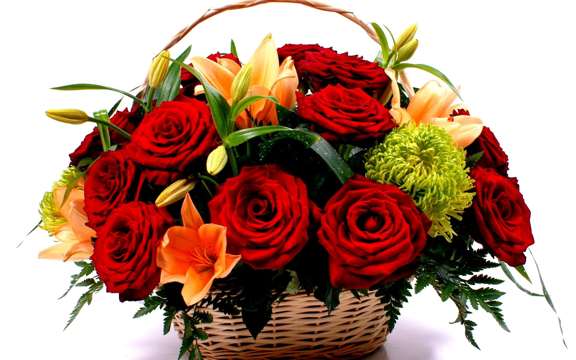 ar, full, 1080P, gift, roxane, love, lilies, carnation, basket, roses, nature and landscapes, HD Wallpaper