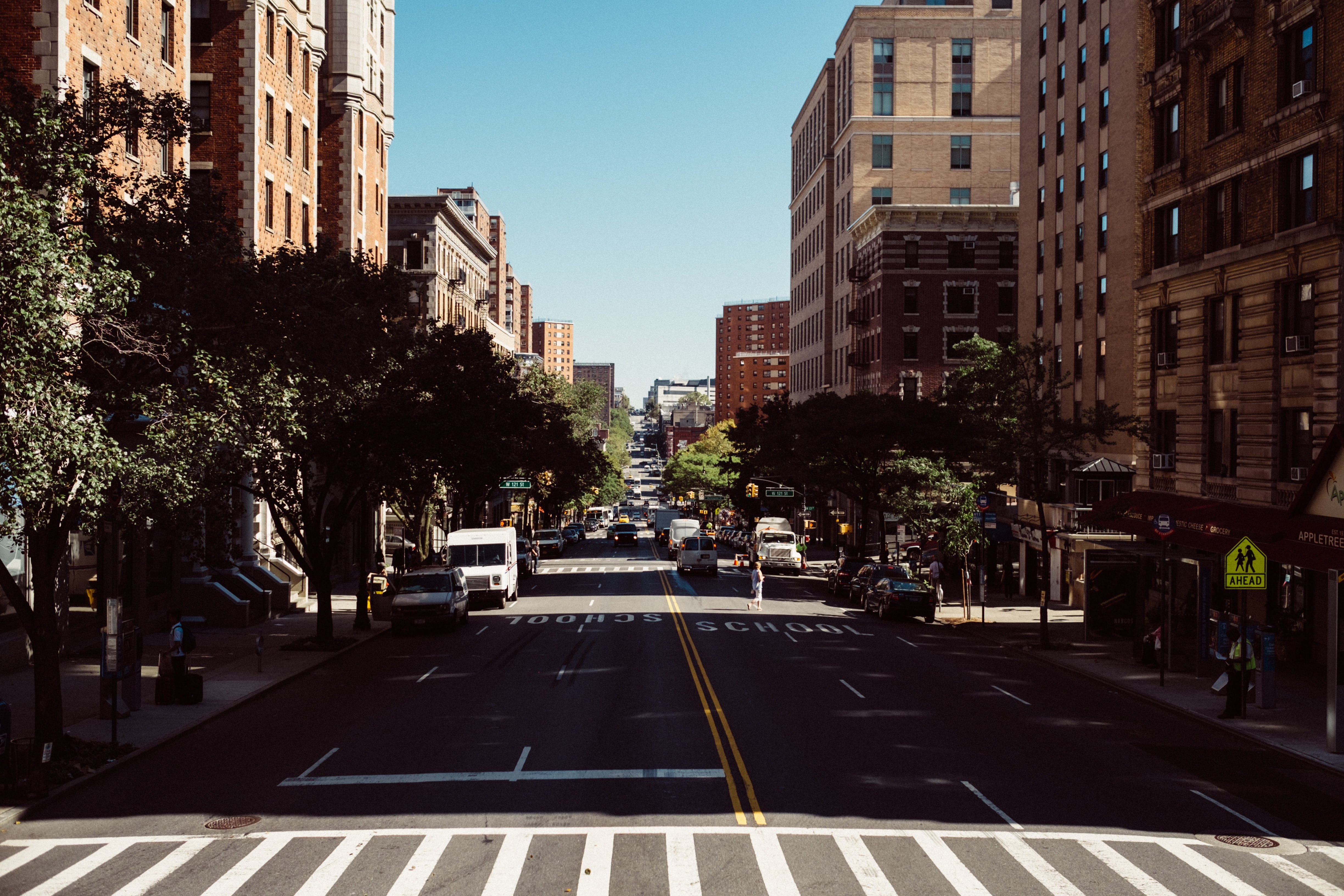 buildings, signage, van, school, road marking, street, men, sign, transportation, road, rise, the way forward, brown, built structure, summer, nature, surrounded, HD Wallpaper