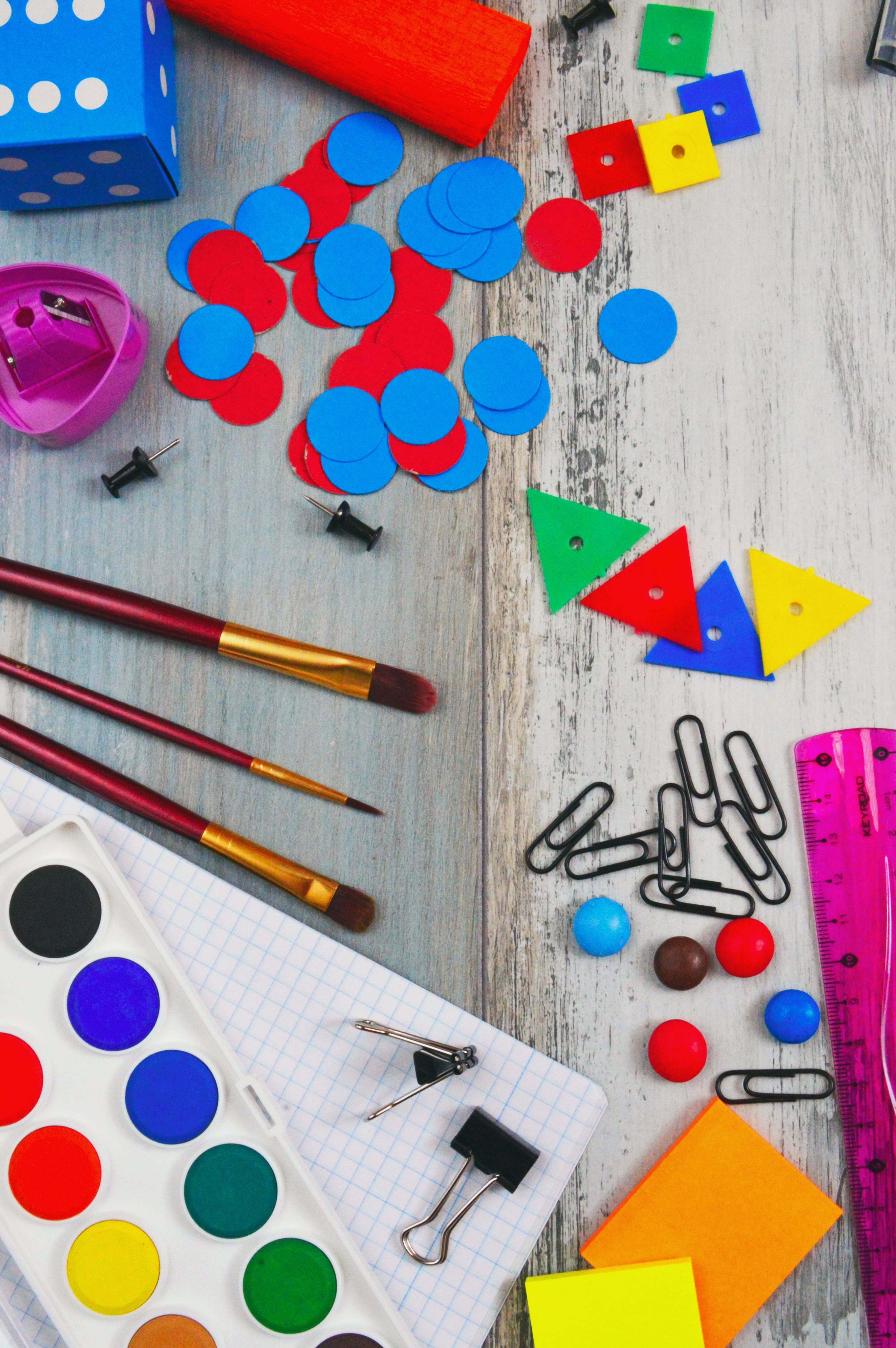 childhood, pencils, directly above, art and craft equipment, variation, indoors, paint, learning, class, choice, large group of objects, crayon, watercolor, Phone HD Wallpaper
