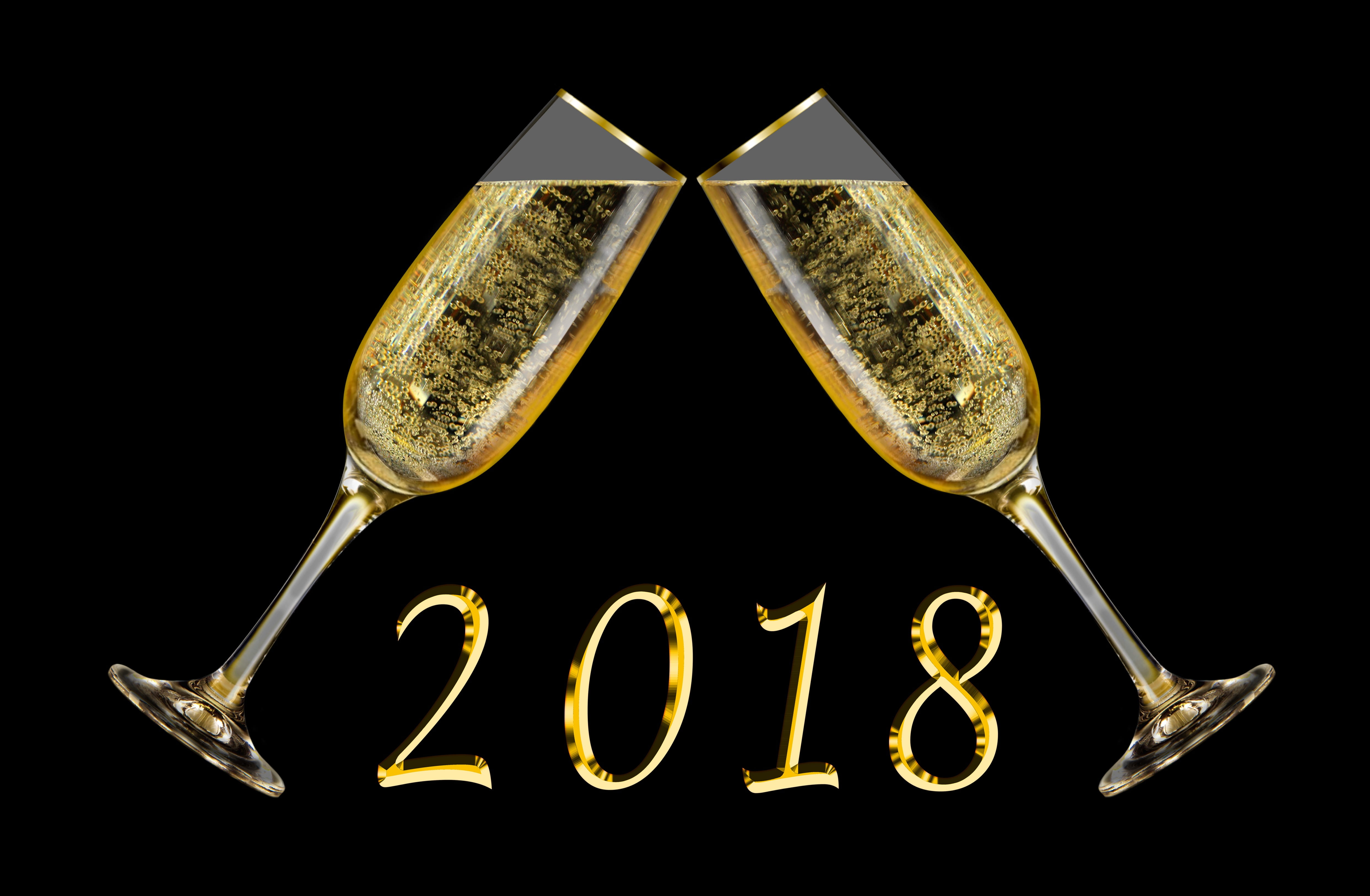 studio shot, celebrate, luxury, gold colored, healthcare and medicine, number, drink, festival, black background, 2018, western script, new years eve, champagne glass, HD Wallpaper