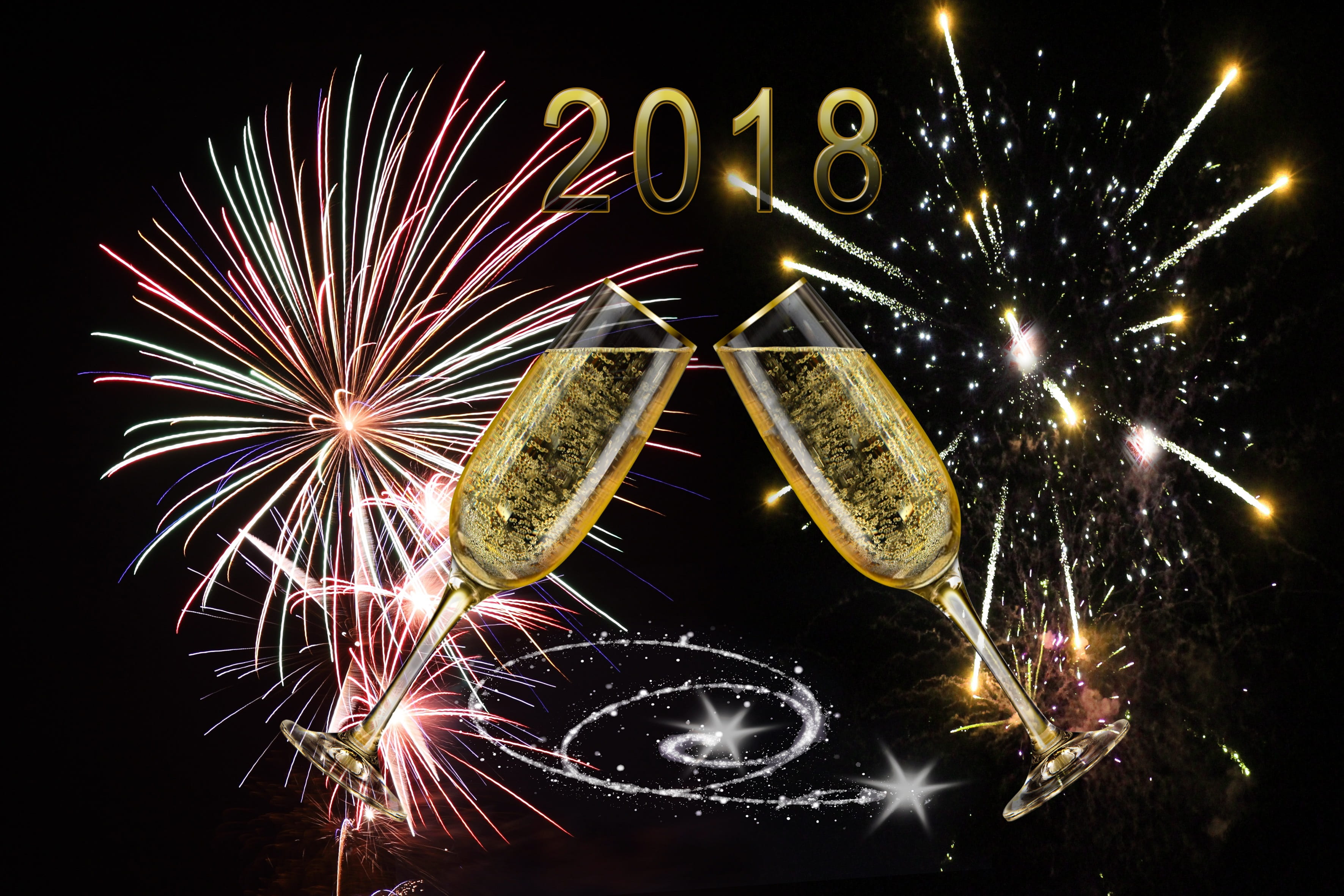 multi colored, celebration event, new years eve 2018, champagne glass, arts culture and entertainment, firework - man made object, number, glowing, fireworks, HD Wallpaper