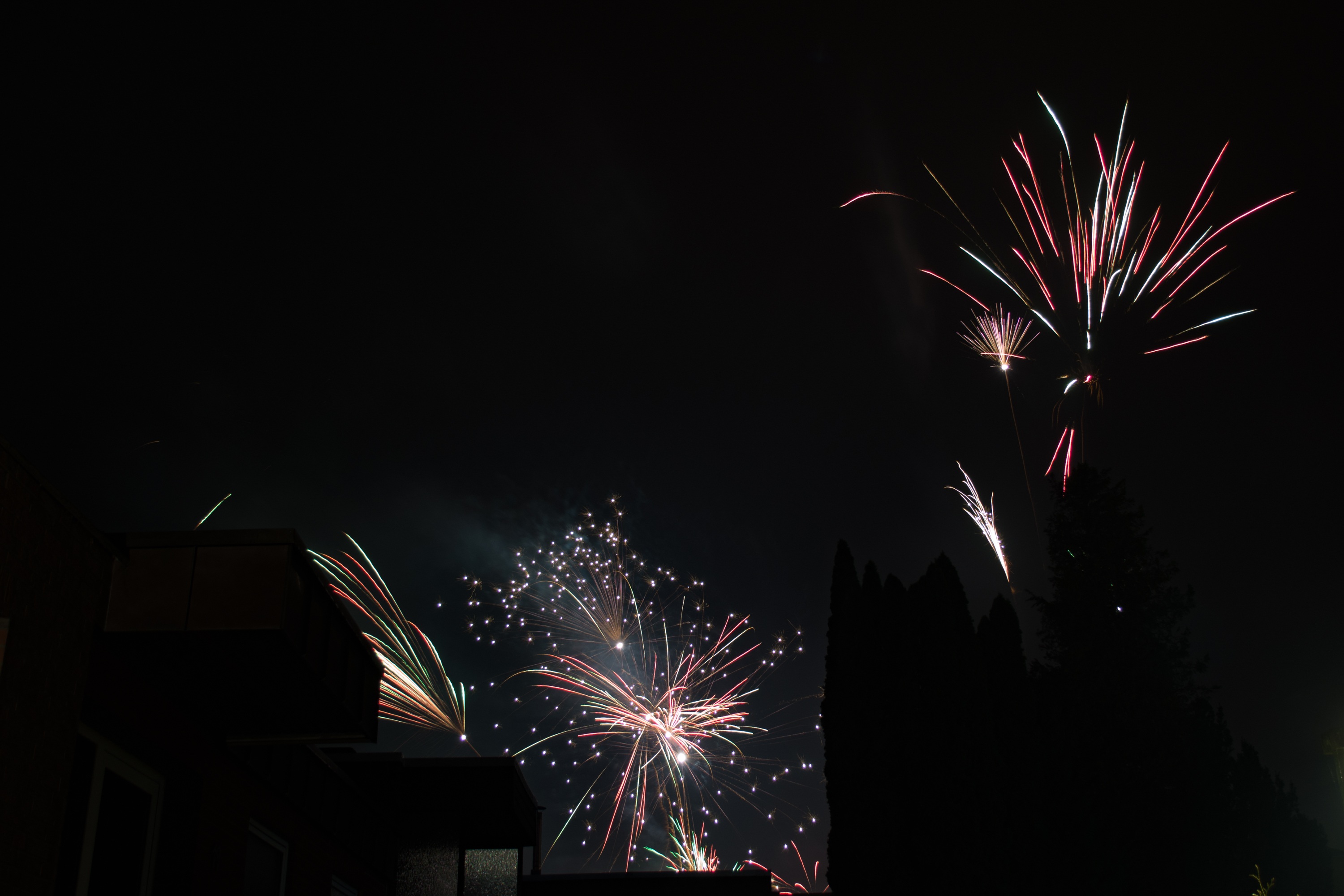 night photograph, new years eve, fireworks art, hell, pyrotechnics, event, firework, festival, explode, nature, illuminated, building exterior, 2K, tracer, HD Wallpaper