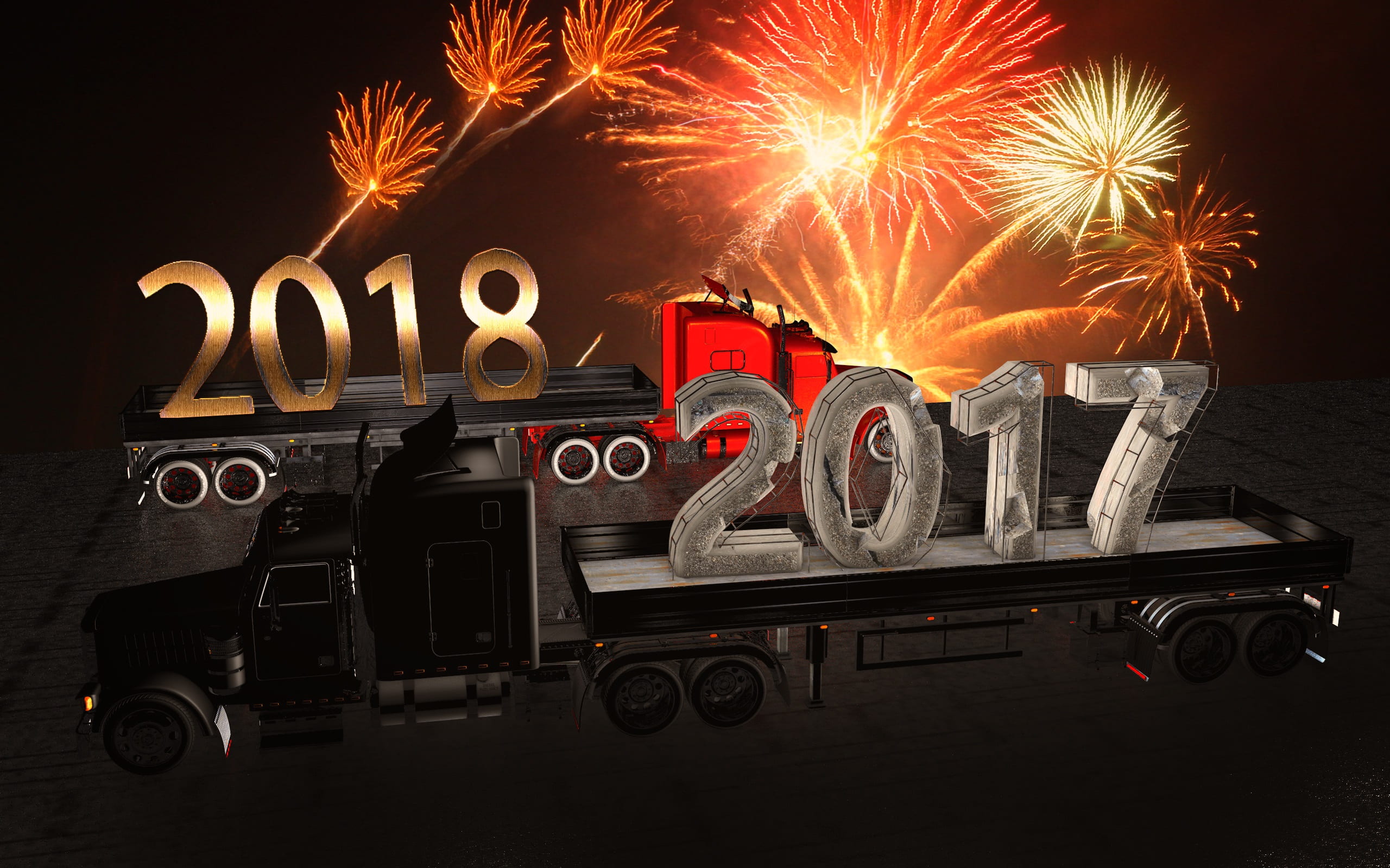 night, new year 2018, motor vehicle, fireworks, illuminated, communication, red, new years eve, car, firework display, star effects, firework, brown, orange color, HD Wallpaper