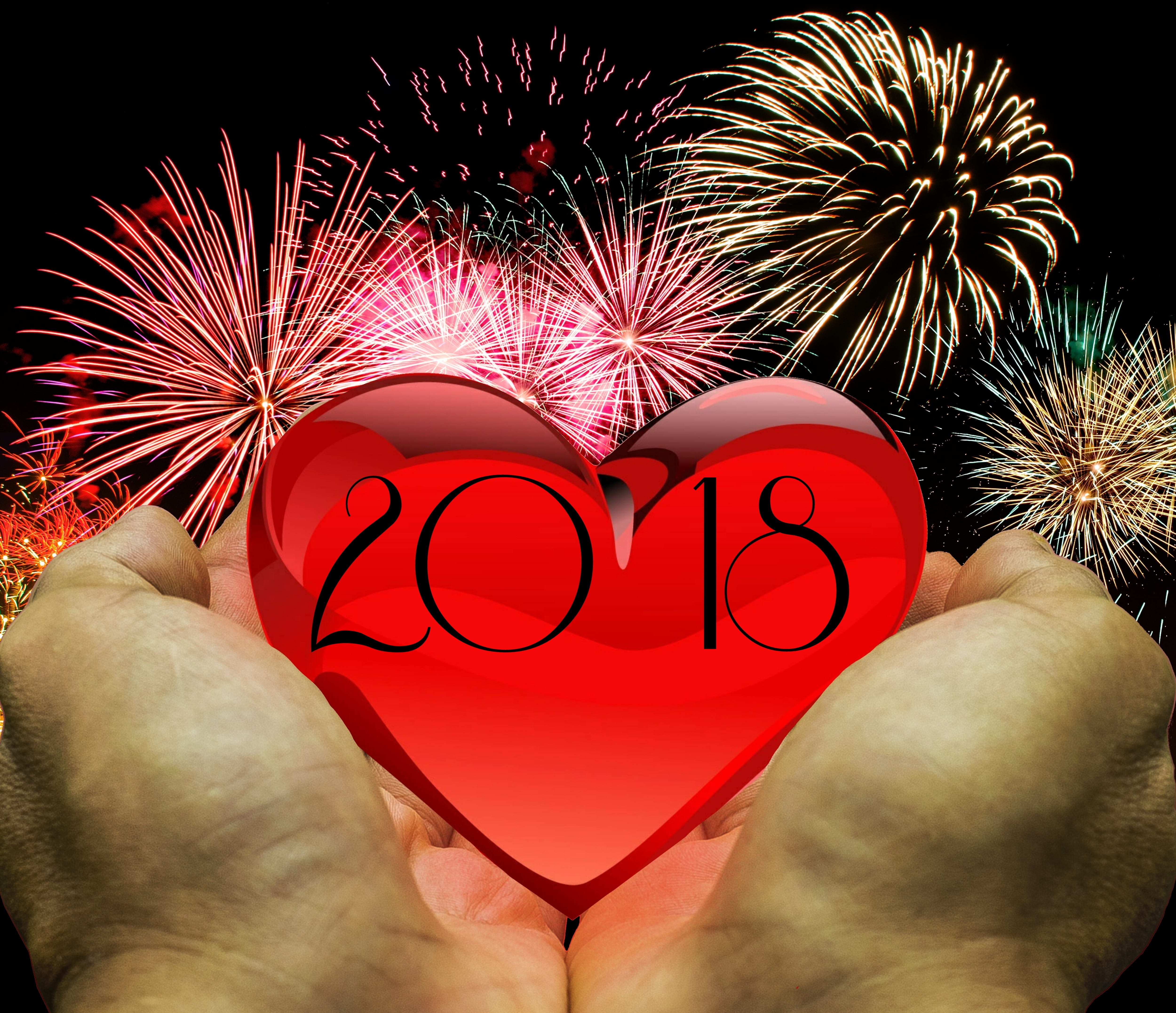 leisure activity, heart shape, holding, 2018, human limb, hand, new years eve, firework display, overlay, event, digital composite, real people, human hand, HD Wallpaper